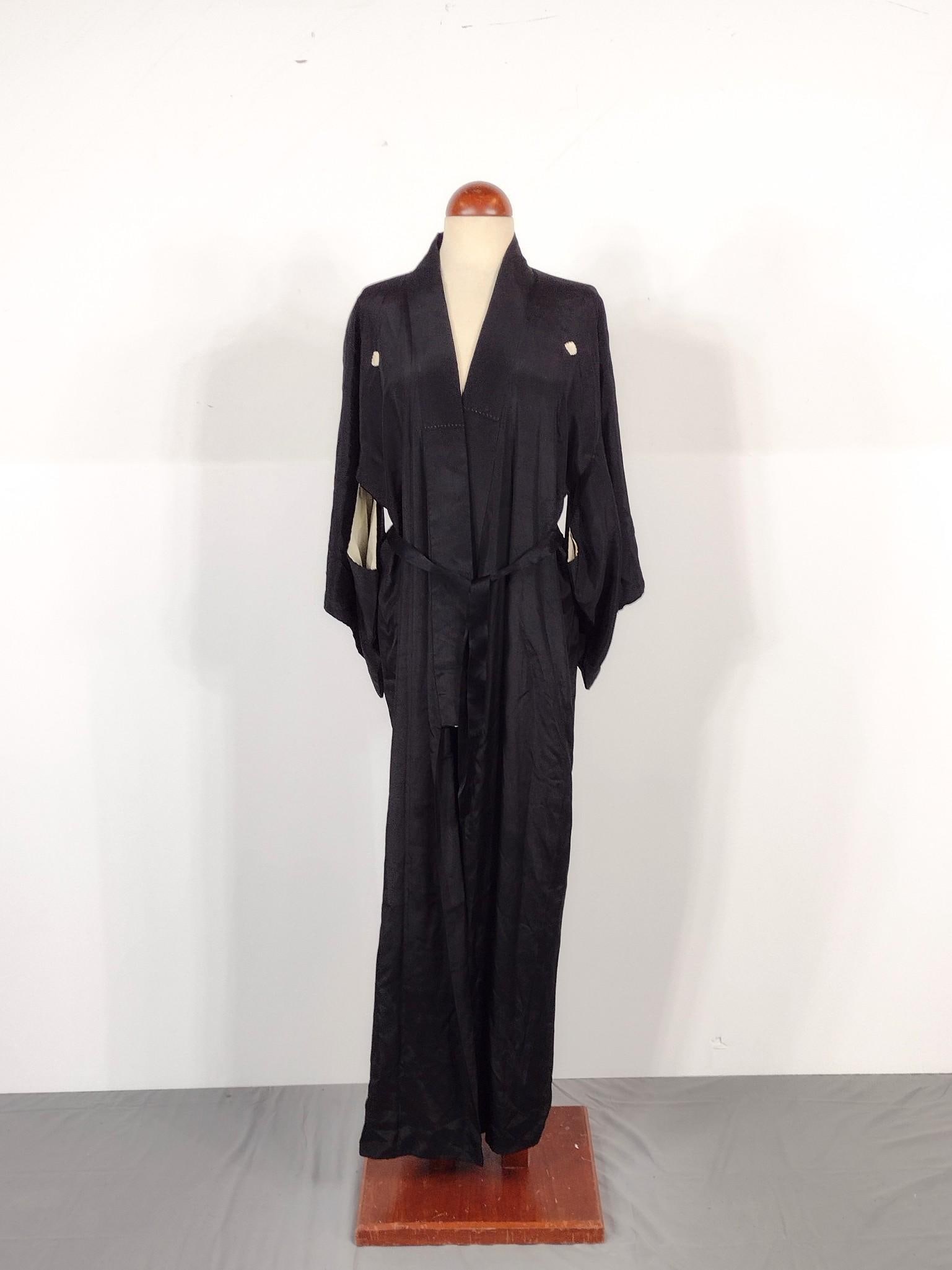 Black and Silk Kimono: Unmarked. 17" shoulder width x 58-1/2" high. LR