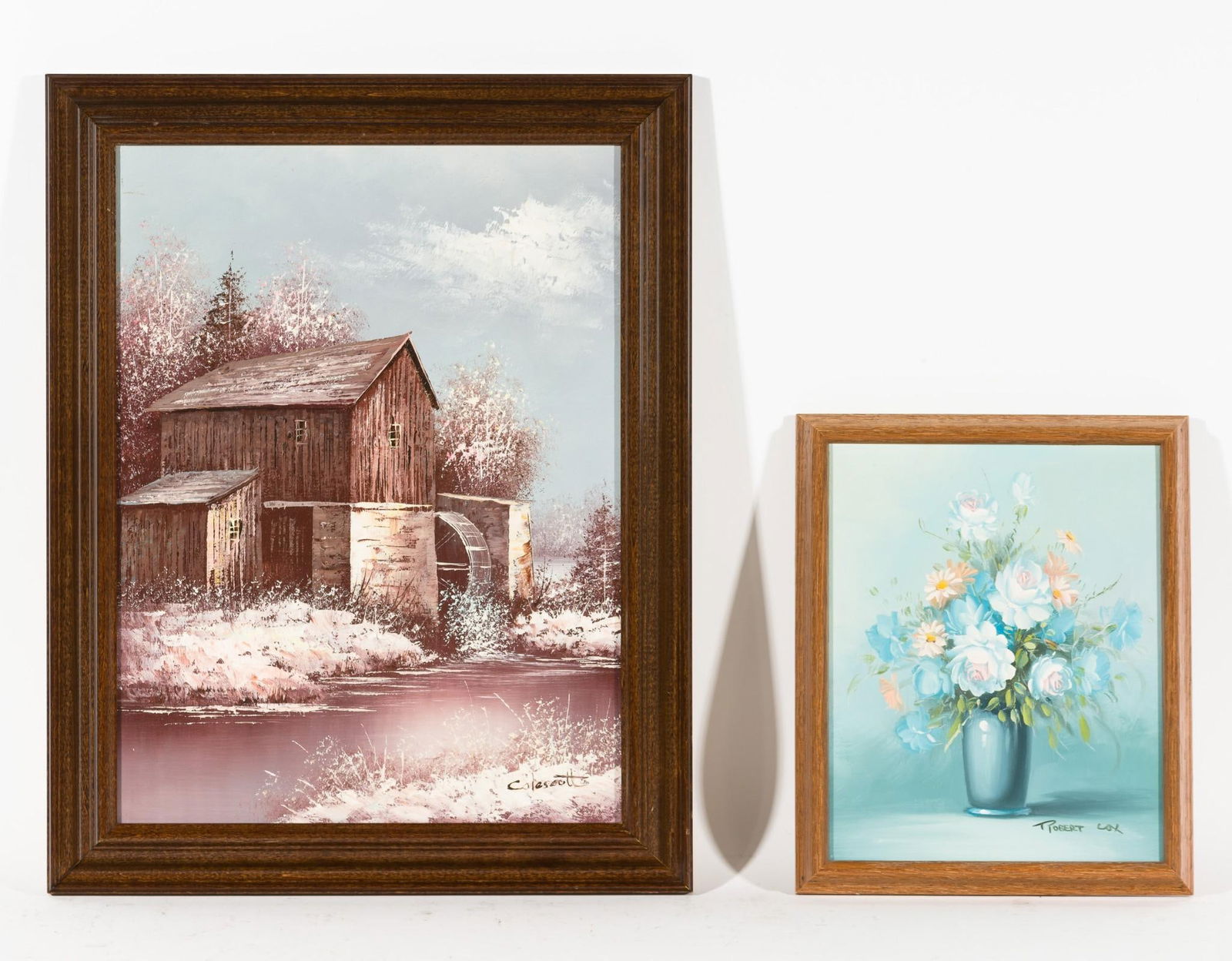 2 Paintings incl Robert Cox and Colescott: Sight: 9-3/4" to 15-1/2" high x 7-1/2" to 11-1/2" wide. Overall with frames: 11-1/4" to 19" high x 9-1/4" to 15" wide. LR