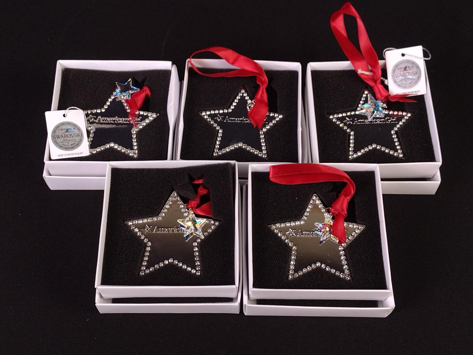 5 Swarovski American Girl Ornaments: Each with original box. Each: 2-1/2" diameter. LR