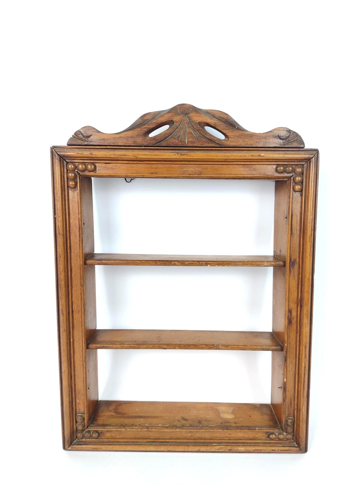 Hanging Wall Shelf: 13-3/4" wide X 3-1/2" deep X 19" high. Has some light wear with age. MG.