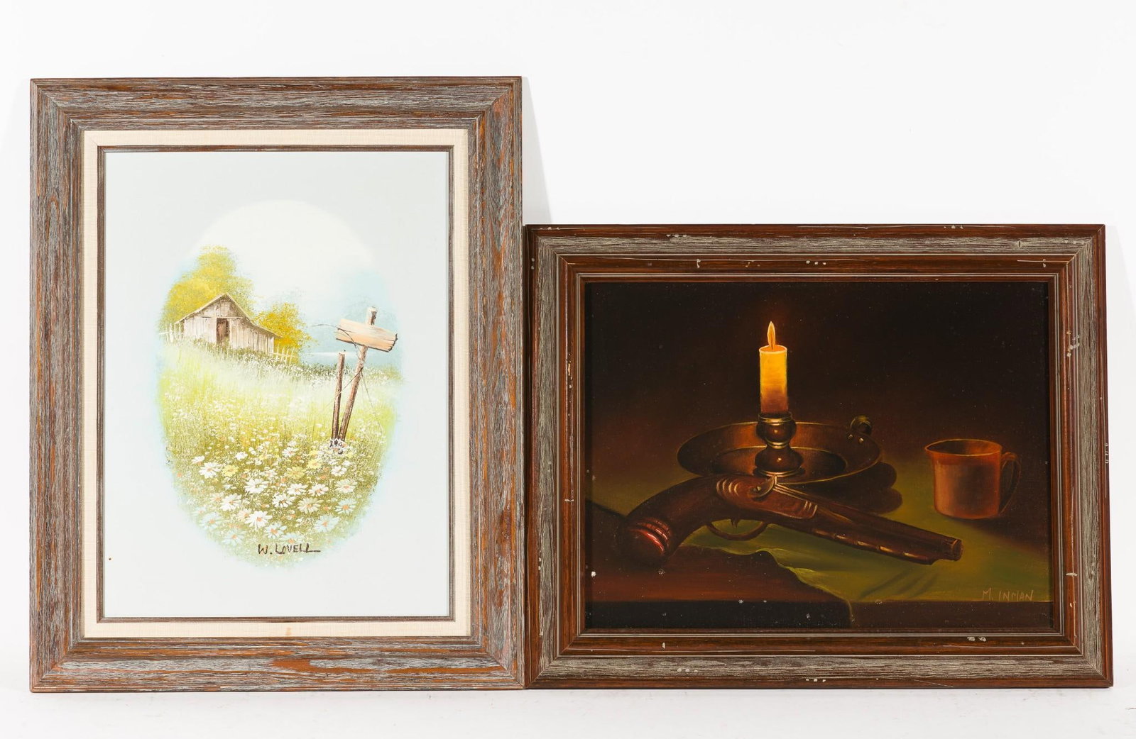 2 Paintings incl M. Incian and W. Lovell: Sight: 11-1/2" to 15-1/2" high x 11-1/2" to 15-1/2" wide. Overall with frame: 15-1/2" to 20-1/2" high x 16-1/2" to 19-1/2" wide. Some spotting on canvas. LR