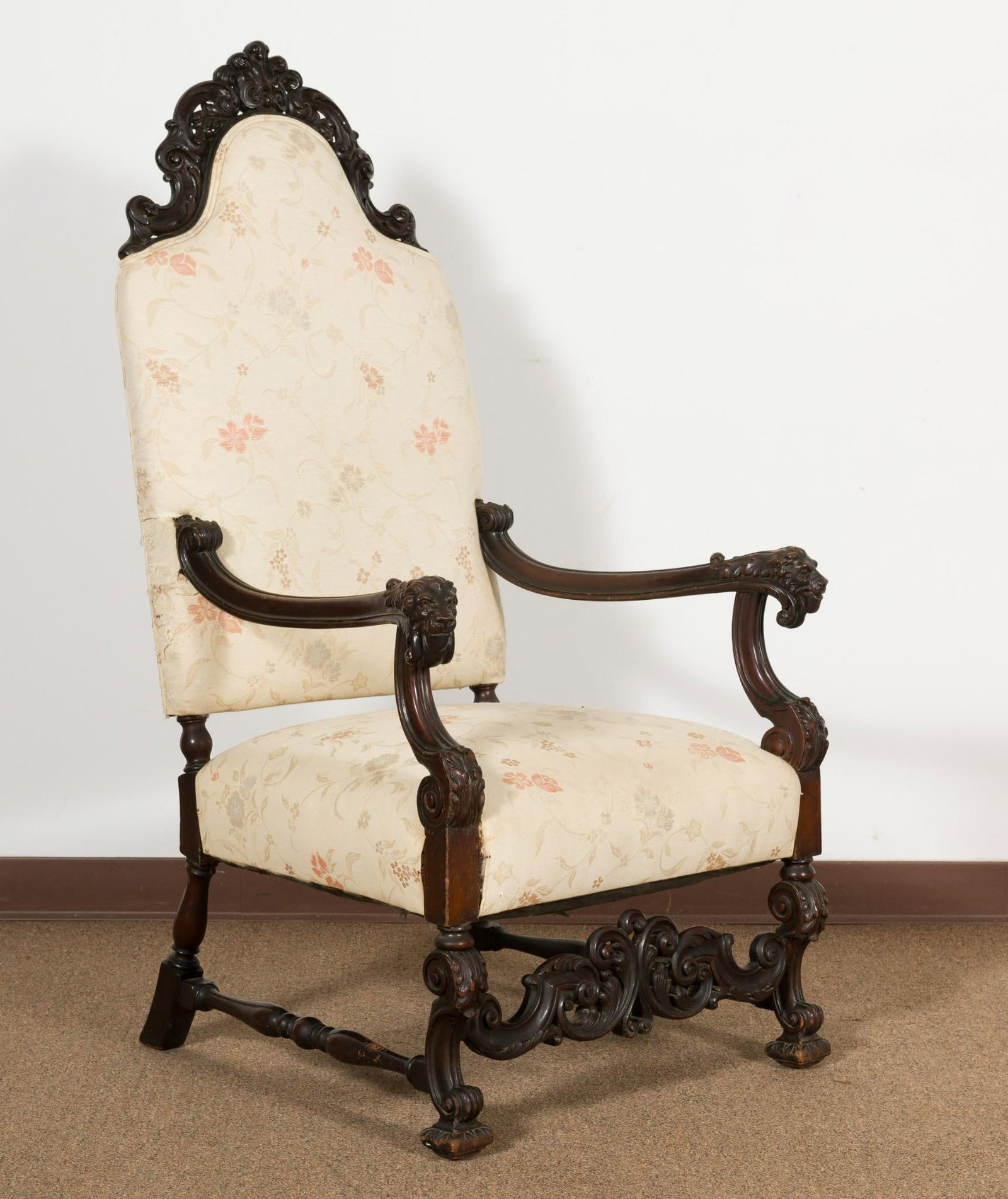 Victorian Carved Chair with Lions: 22-1/4" wide x 25-1/4" deep x 53" high. Some staining and fraying of fabric. MEG