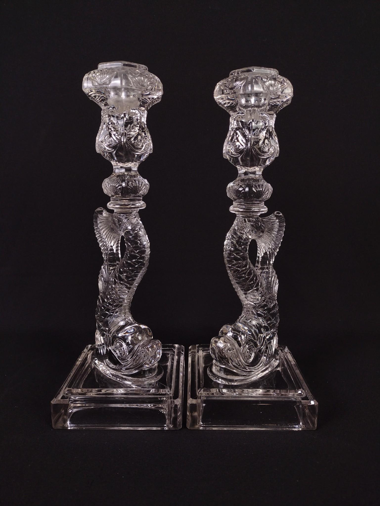 Pair Museum of Modern Art Koi Candlesticks: Each 4" wide X 4" deep X 10-3/4" high. Marked MMA on bottom. MG.