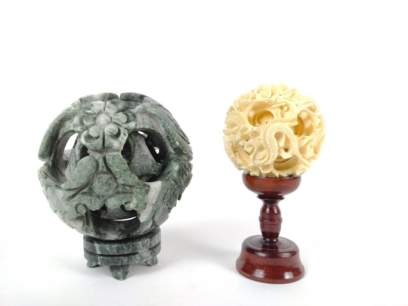Carved Jade & Dragon Wonder Balls: 2-1/2" to 3-1/4" diameter. MG.