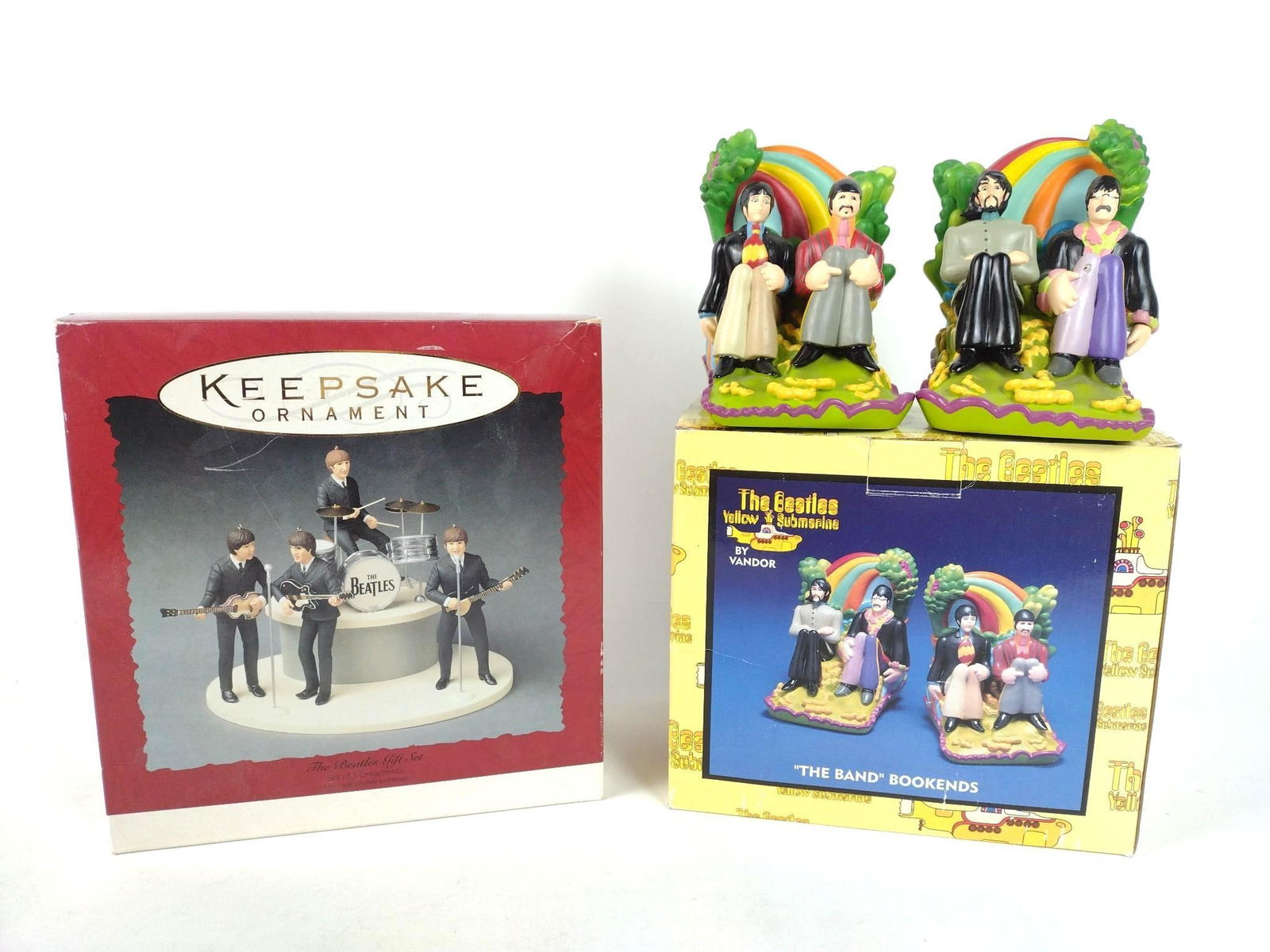 The Beatles Keepsake Ornament & Yellow Submarine Bookends: Both in Original Box. Keepsake still sealed. MG.
