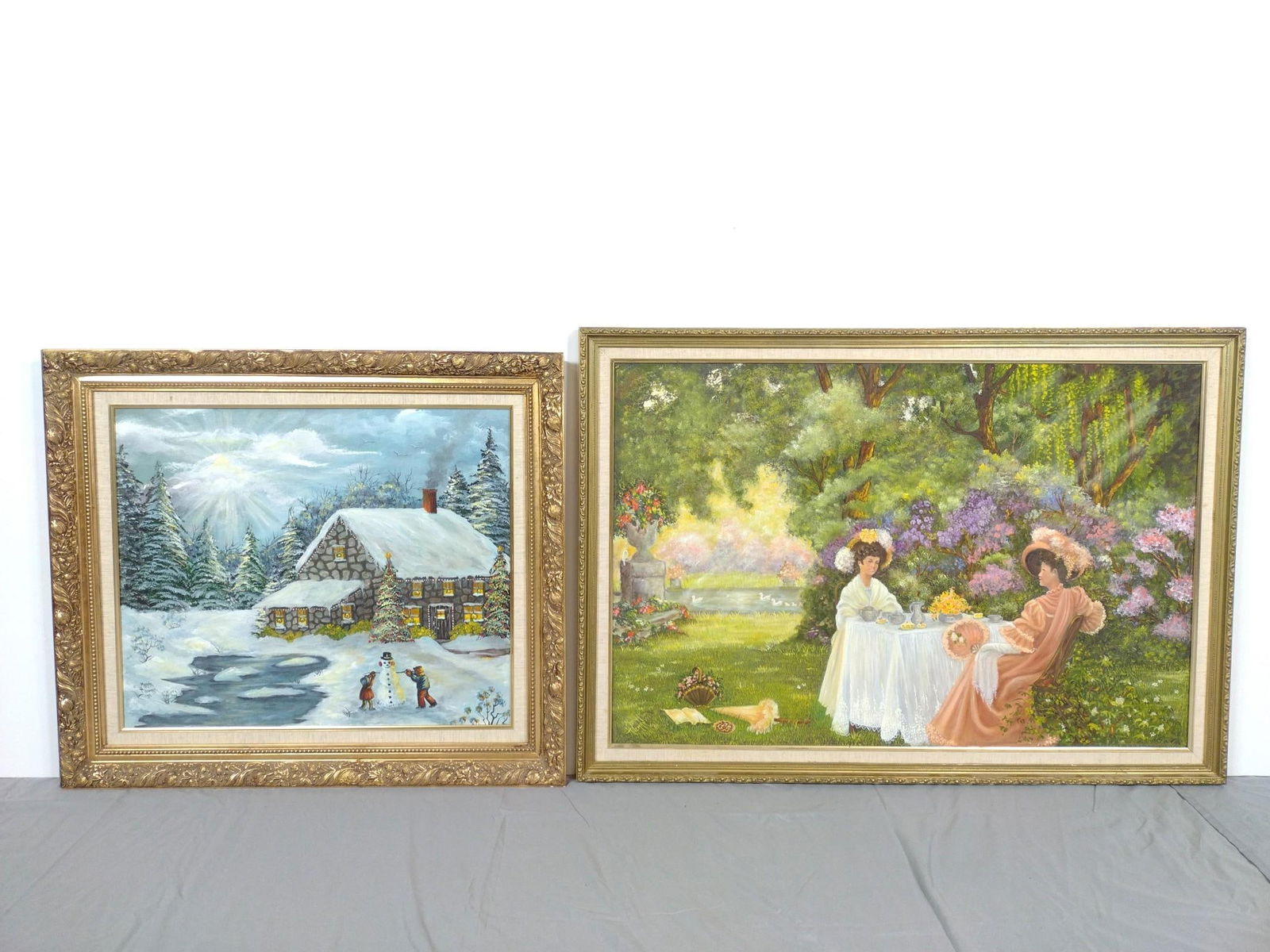 2 Myrna Hileman Paintings: Harrisburg, PA artist. Ladies in garden Sight 24" high x 35-1/2" wide, overall with frame 28" high x 40" wide. Snowman sight 20" high x 23" wide, overall with frame 26-1/2" high x 30" wide. Both signe