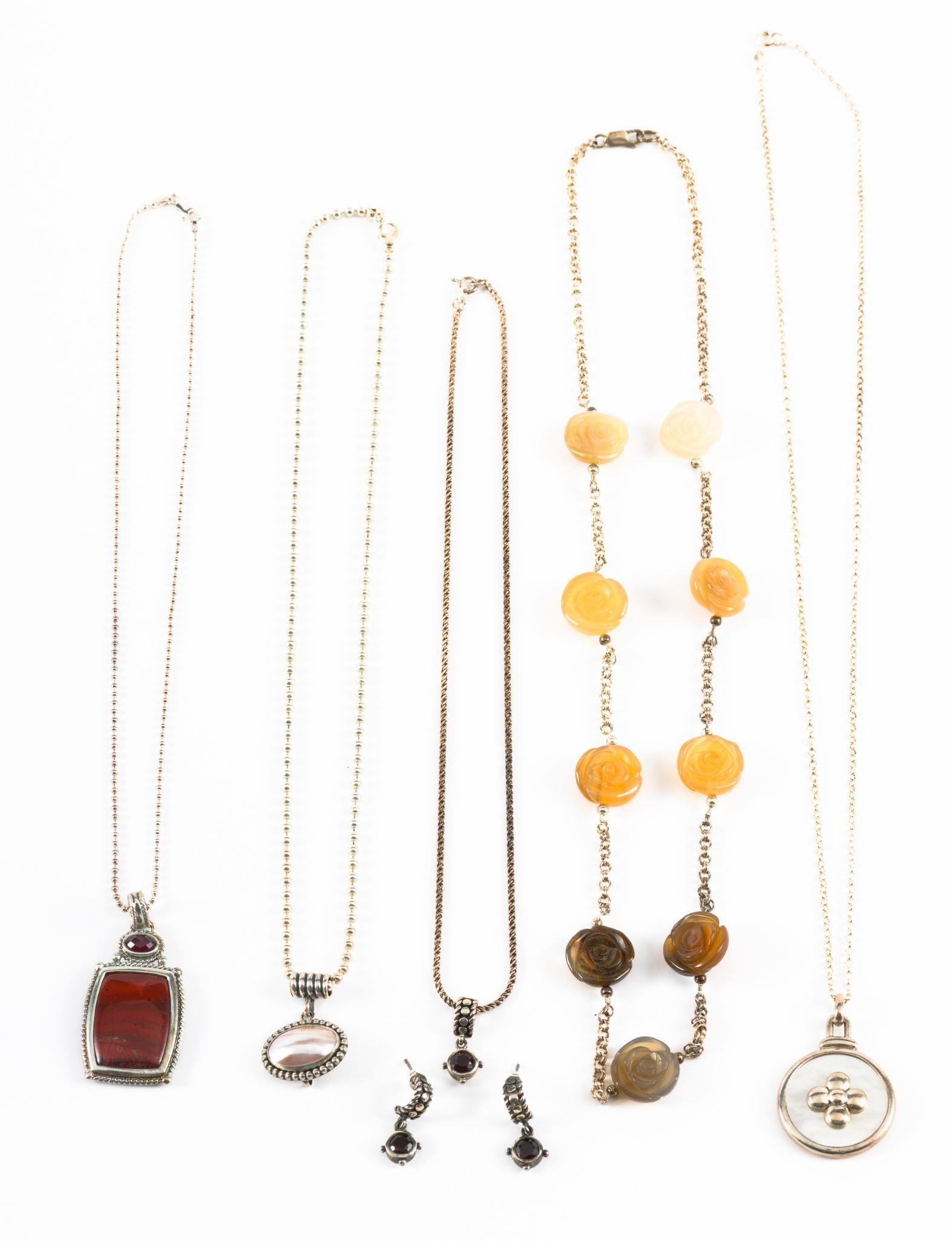 7 Pcs Sterling Necklaces &; Earrings: Marked sterling. Necklaces 1/2" to 1-1/4" wide x 3/4" to 1-1/2" long, chain 18" to 24" long. MEG