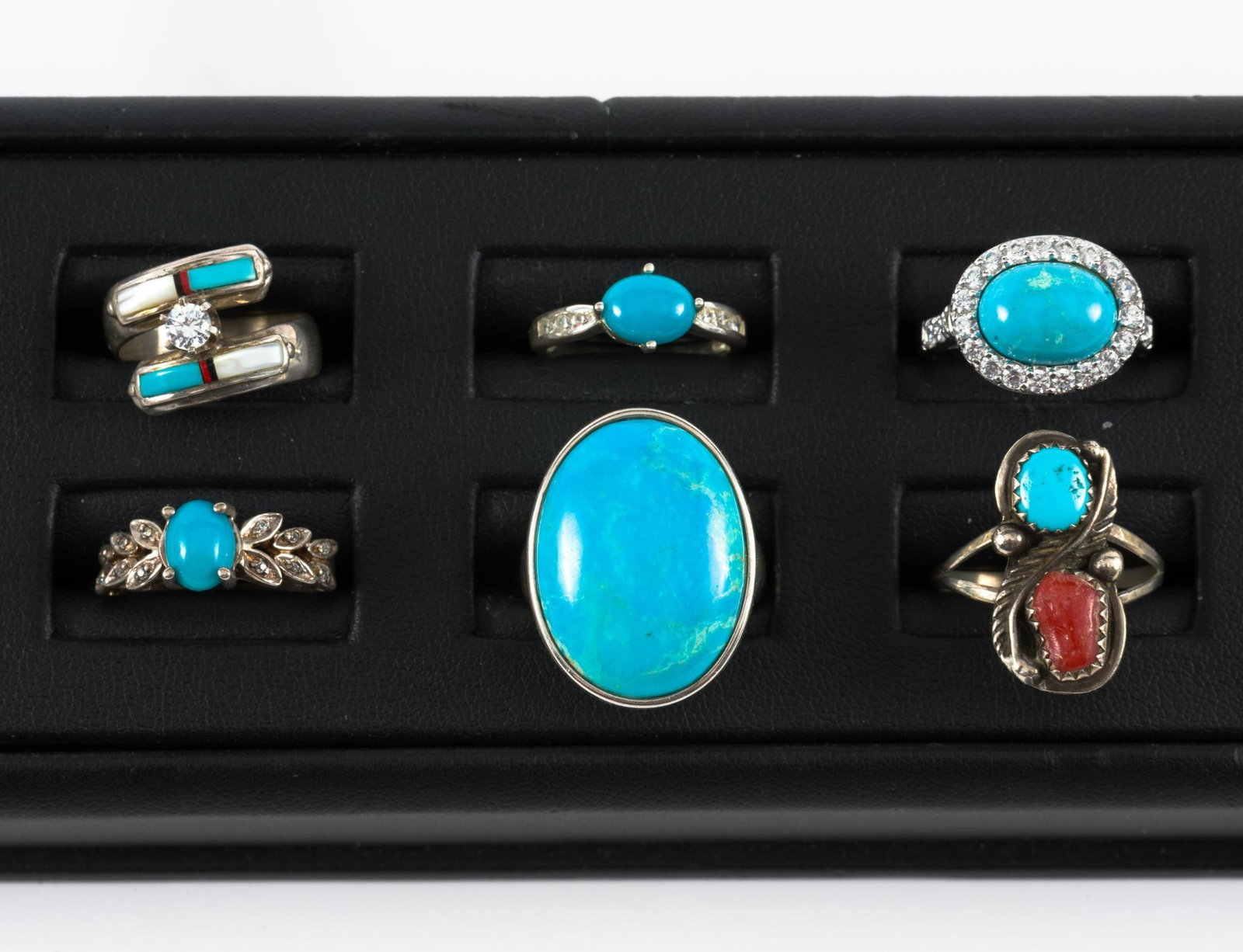 6 Sterling &; Turquoise Rings: Includes CZ with inlaid mother of pearl, oval turquoise with diamond chips, and Native American. Sizes 5-1/2 to 8-1/2.