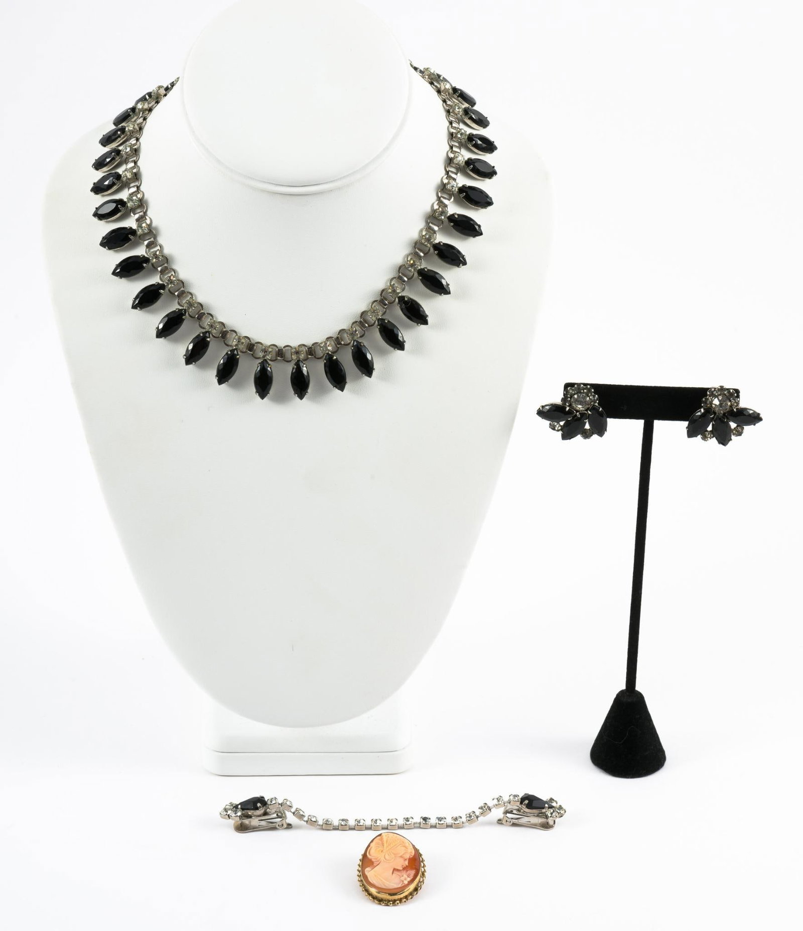 Vintage Rhinestone Suite &; Cameo Pin/Pendant: Cameo in gold-filled frame, 1-1/2" high. Necklace 16" long.
