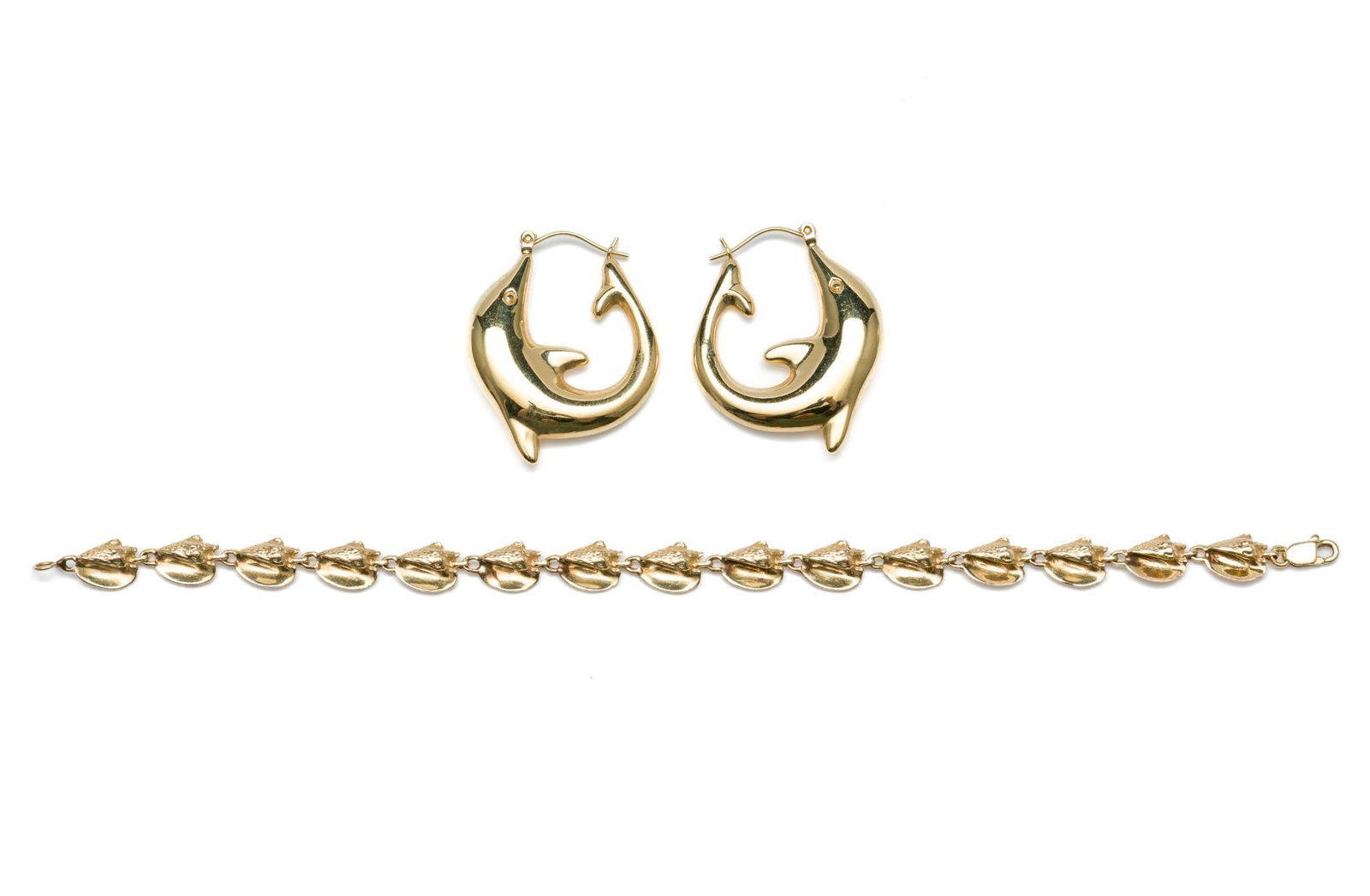 14k Gold Shell Bracelet &; Pair Dolphin Earrings (1 of 4)