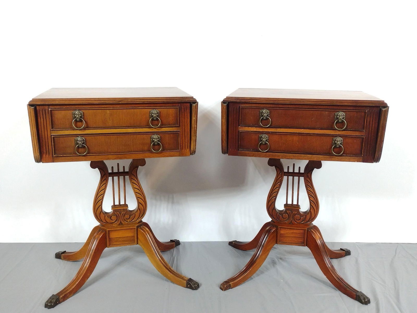 Pair Of Two Drawer Drop Side End Tables with Lyre Base (1 of 8)