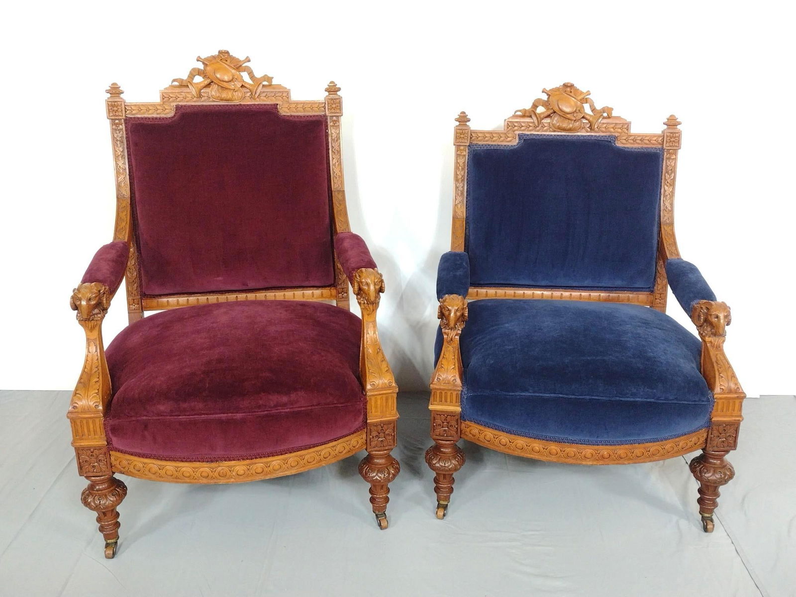 His and Hers Victorian Arm Chair With Rams Head Carved Arm Rests (1 of 10)
