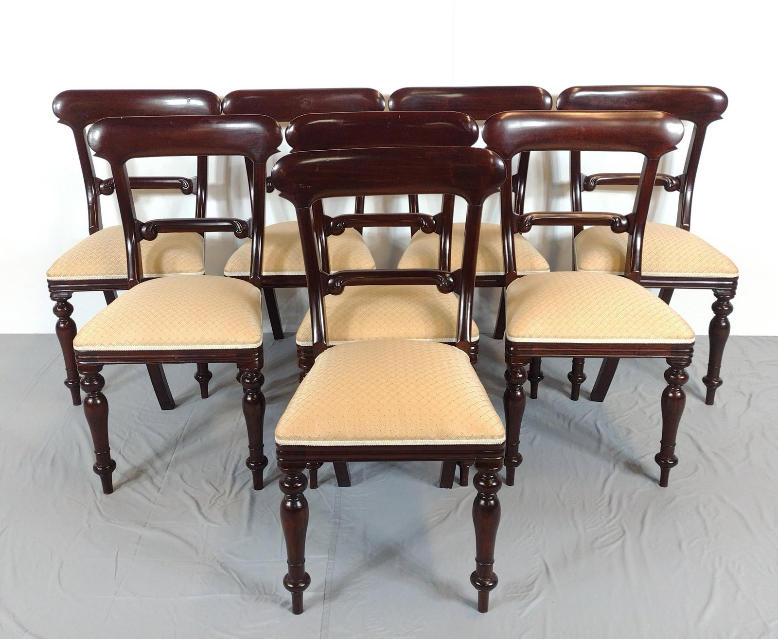 8 Sheraton Reproduction Dining Chairs: NOT ELIGIBLE FOR IN-HOUSE SHIPPING. 21-1/4" wide X 18-1/2" deep X 35-1/2" high. No manufactures name found. MG.