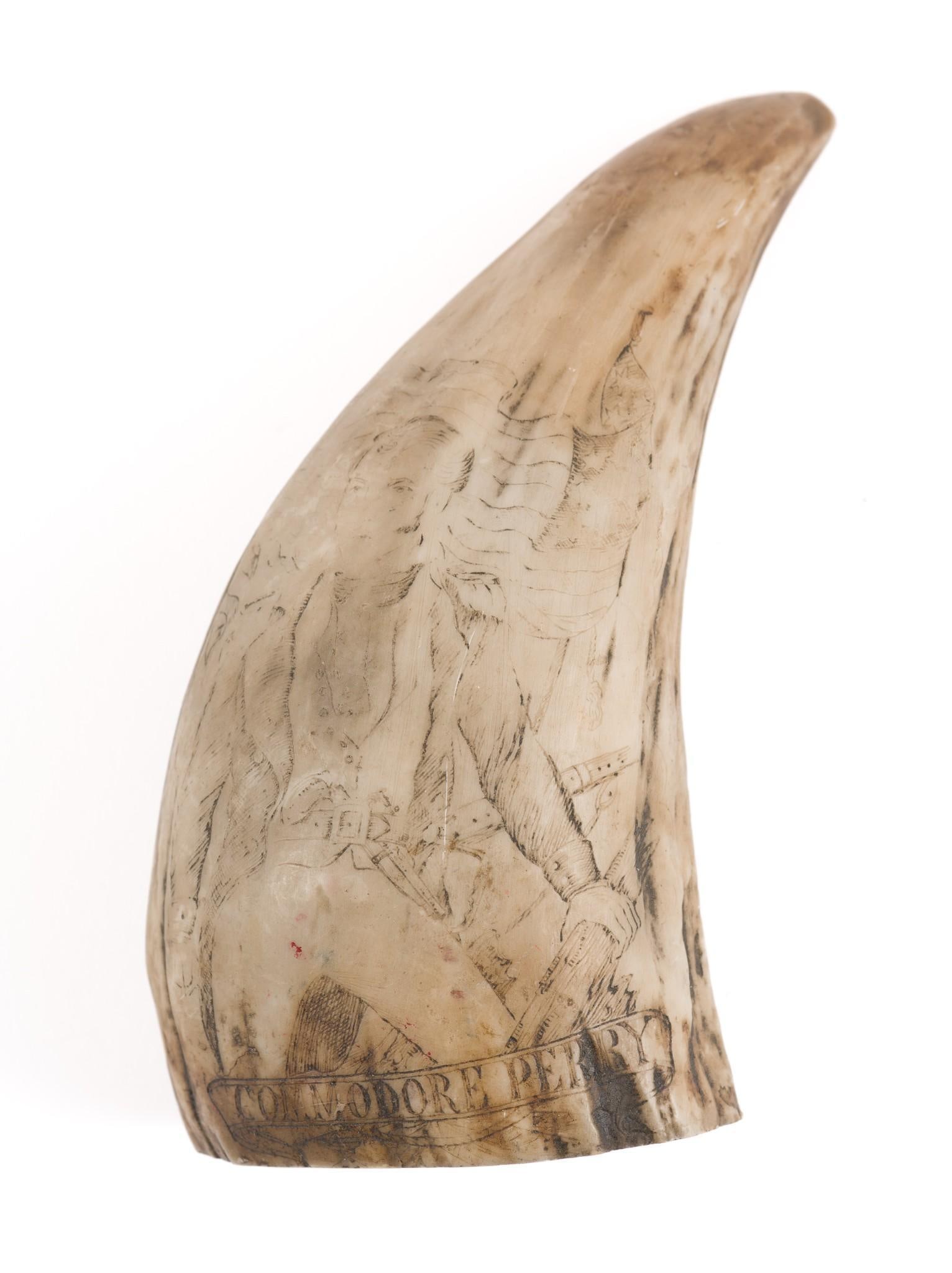 Olive Perry Scrimshaw Carving: Scrimshaw on resin. 2-1/2" wide x 2-1/2" deep x 5" high.