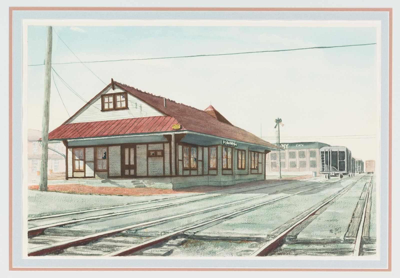 Albert Taft Manheim Railroad Station Watercolor: NOT ELIGIBLE FOR IN-HOUSE SHIPPING. Albert Taft (1915-2001) Lititz, PA. He began painting in 1970. He displayed his paintings regionally and as far away as Virginia and New Jersey, where he won severa