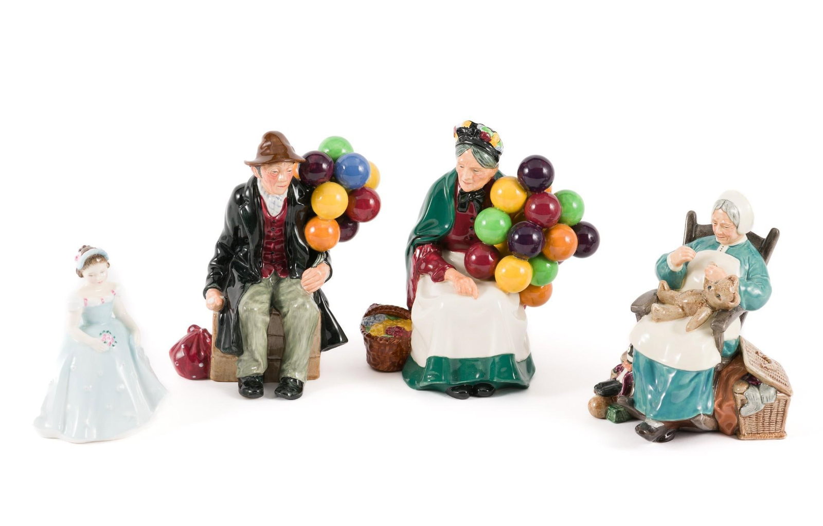 4 Royal Doulton Figurines: 4-1/2" to 6-1/2" wide x 5" to 7-1/2" high.
