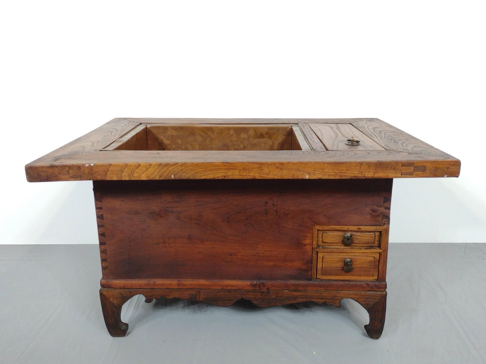 Antique Hibachi: NOT ELIGIBLE FOR IN-HOUSE SHIPPING. 29" wide X 20-1/2" deep X 16" high. Wood frame and copper insert have discoloring. MG.