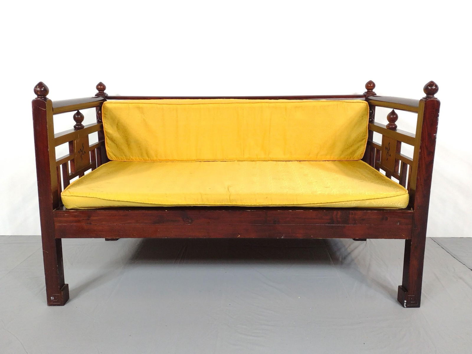 Asian Settee: NOT ELIGIBLE FOR IN-HOUSE SHIPPING. Small size. 43" wide X 22-1/2" deep X 25-1/2" high. Has some scratches. Fabric has some stains. MG.