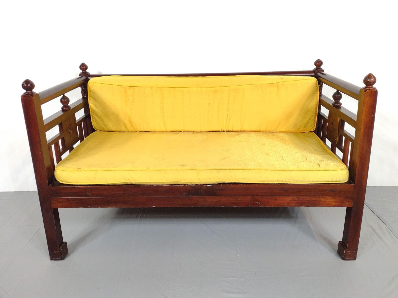 Asian Settee: NOT ELIGIBLE FOR IN-HOUSE SHIPPING. Small size. 43" wide X 22-1/2" deep X 26" high. Frame has some scratches. Fabric has discoloring. MG.
