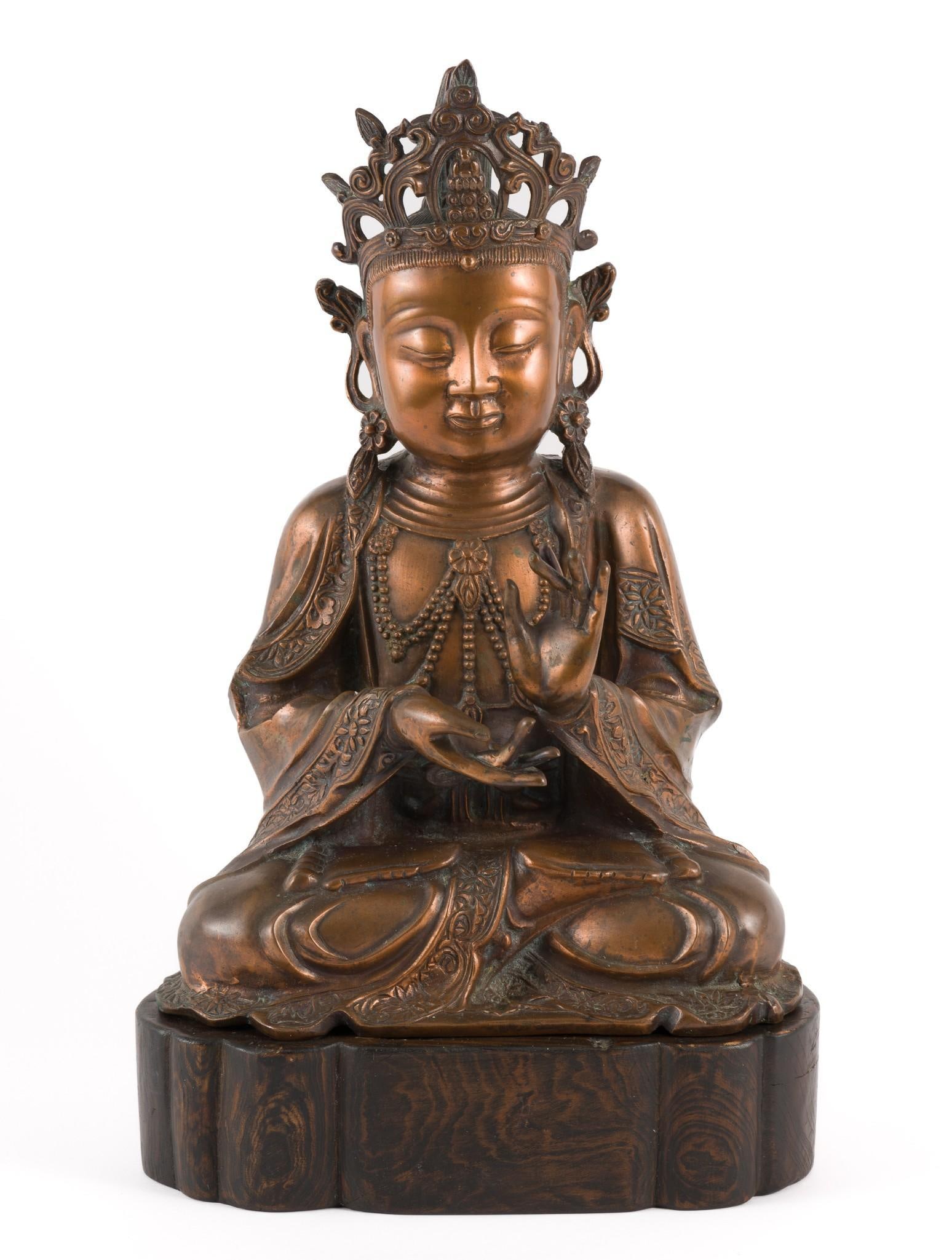 Copper Buddha Figurine on Wood Base (1 of 3)