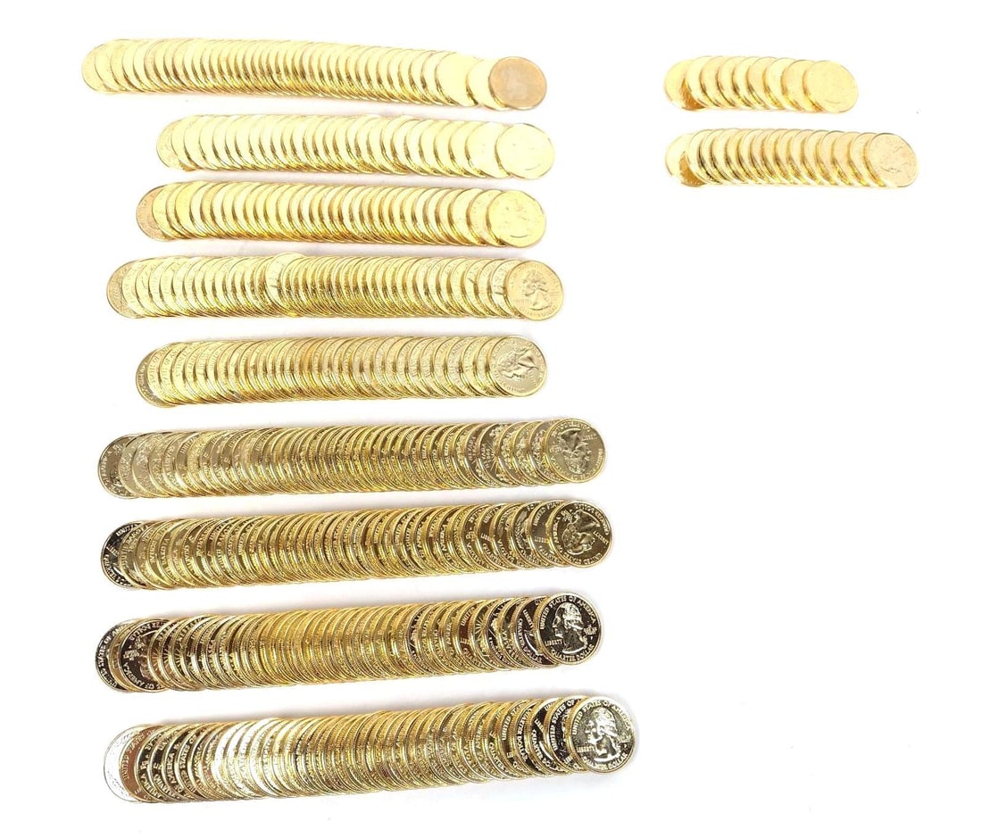 24K Gold Plated State Quarters Approximate Quantity 370: Dealer stock of 24k gold plated State Quarters including South Carolina, Oregon, Rhode Island, Nebraska, others.