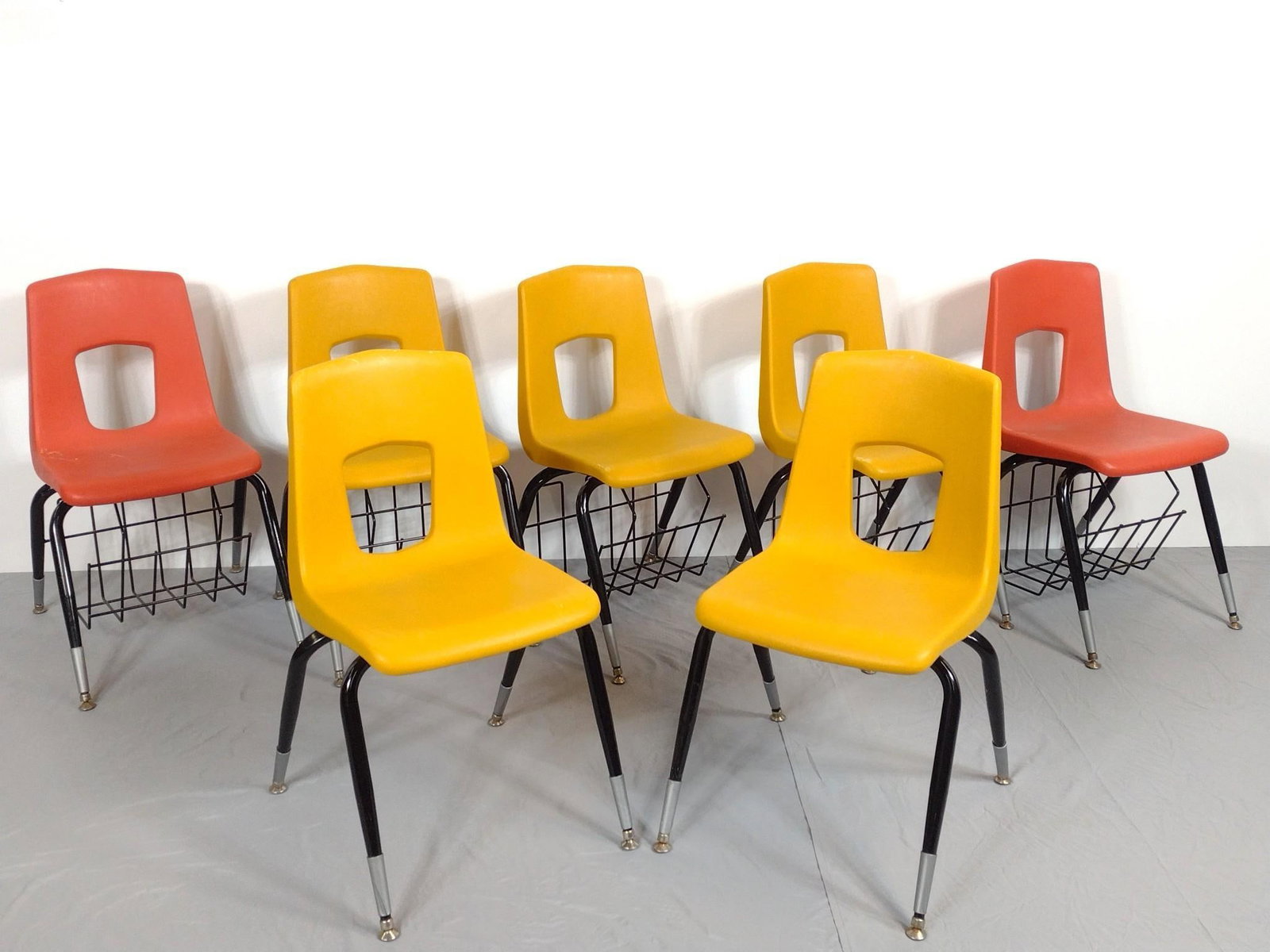 7 Artco-Bell Chairs: NOT ELIGIBLE FOR IN-HOUSE SHIPPING. All chairs 18-1/2" wide X 20-1/2" deep X 30-1/2" high. 5 chairs have baskets. MG.