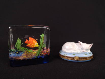 Murano Glass Cube Aquarium & Limoges Cat Trinket Box: Aquarium 2-1/2" wide X 2-1/2" deep X 2-1/2" high trinket box 2-1/2" wide X 1-3/4" deep X 1-1/2" high. MG.