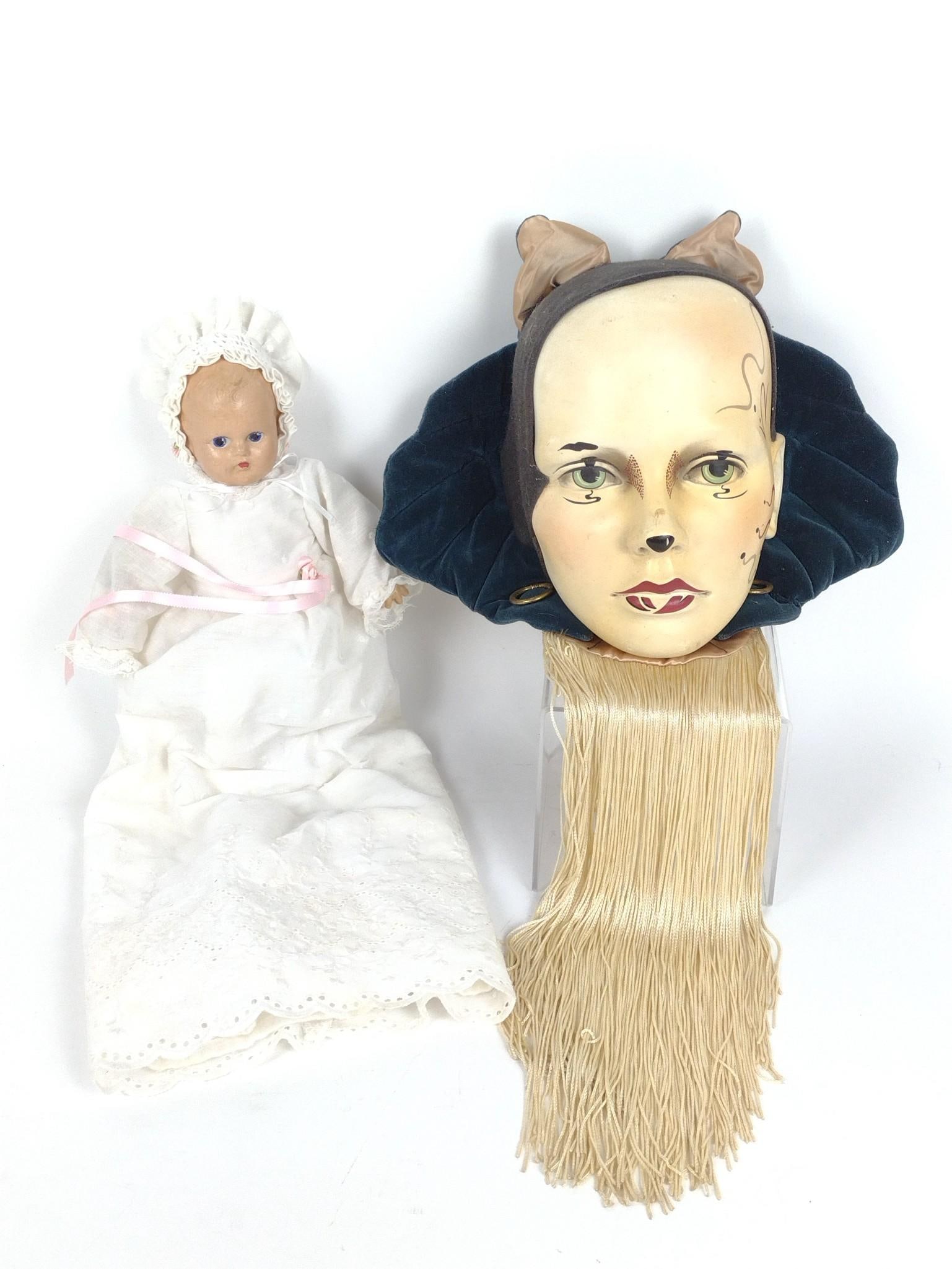 Vintage Mask and M. Alexander Baby Doll: Baby doll marked "Alexander" on neck. Doll with minor wear to fingers and cracks to faces. LR