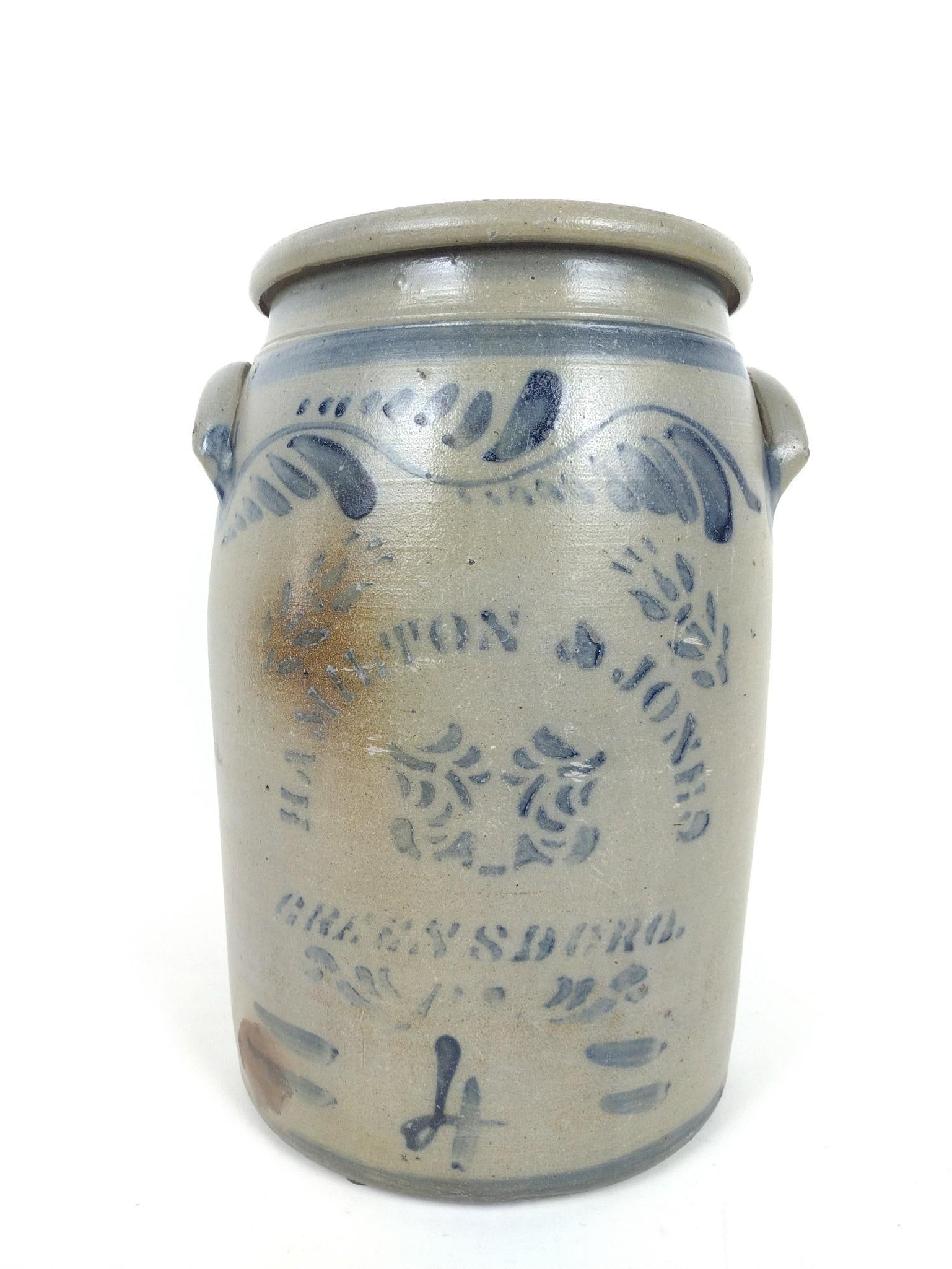 Hamilton & Jones Greensboro PA 4 Gallon Stoneware: Cobalt decorated. 9-1/2" diameter X 15" high. Cobalt Decorated. Minor loss to top right rim. MG.