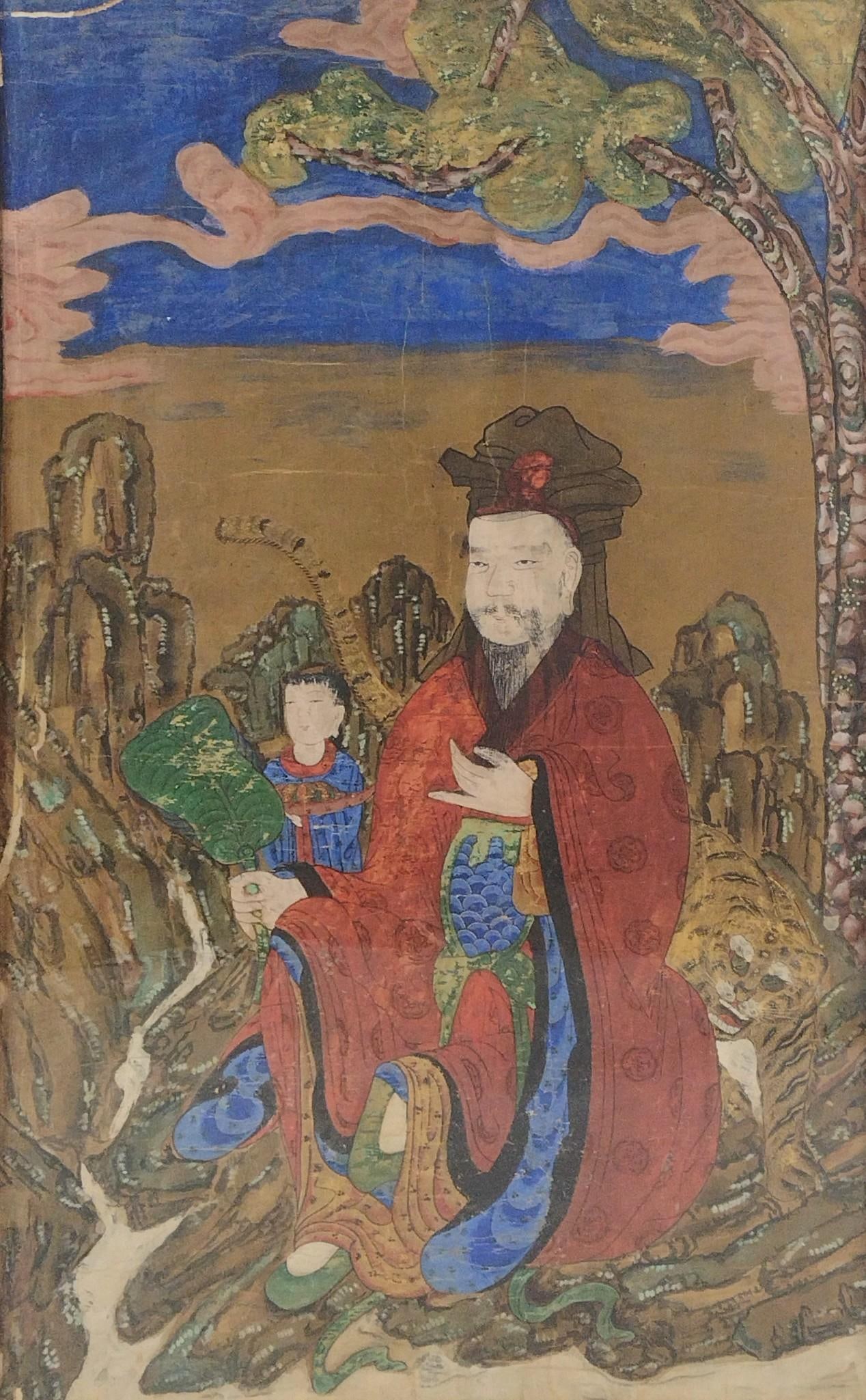 Korean Man With Tiger Painting on Paper: NOT ELIGIBLE FOR IN-HOUSE SHIPPING. Sight 38" high x 24" wide. Overall with frame 39-1/2" high X 25-1/2" wide. Has some areas of damage. MG.