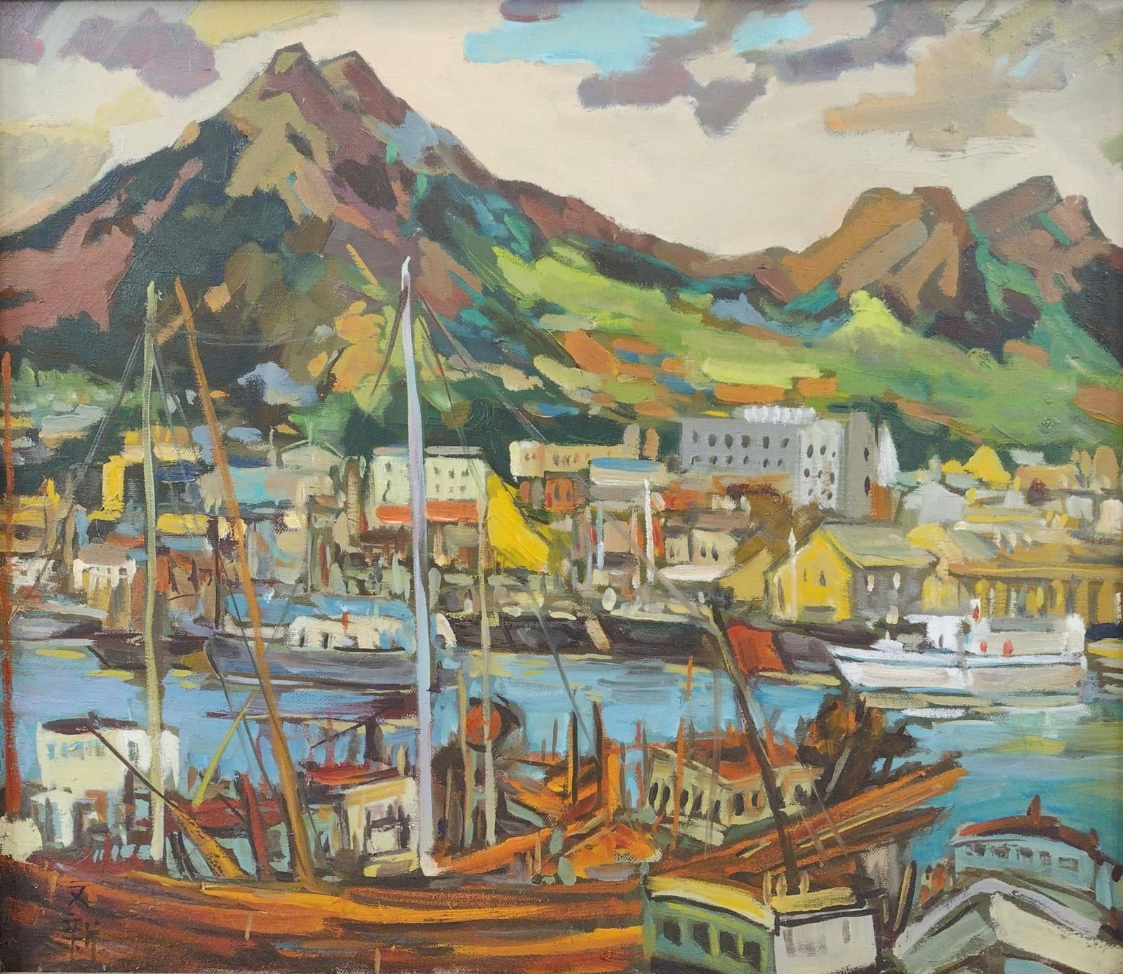 Asian Signed Marina Painting: NOT ELIGIBLE FOR IN-HOUSE SHIPPING. Signature at lower left. Sight 17-1/2" high X 20-1/2" wide. Overall with frame 21" high X 24" wide. MG.