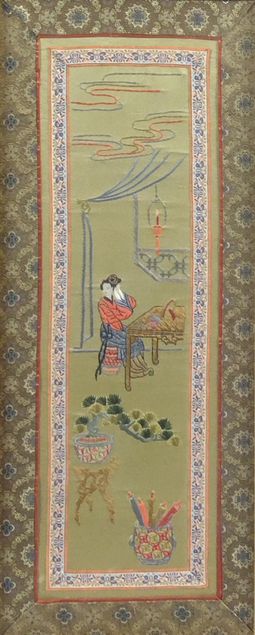 Asian Embroidery on Silk: NOT ELIGIBLE FOR IN-HOUSE SHIPPING. Depicts woman at vanity styling hair. Sight 27-1/4" high X 13-1/4" wide. Overall with frame 28-1/4" high X 14-1/4" wide. MG.