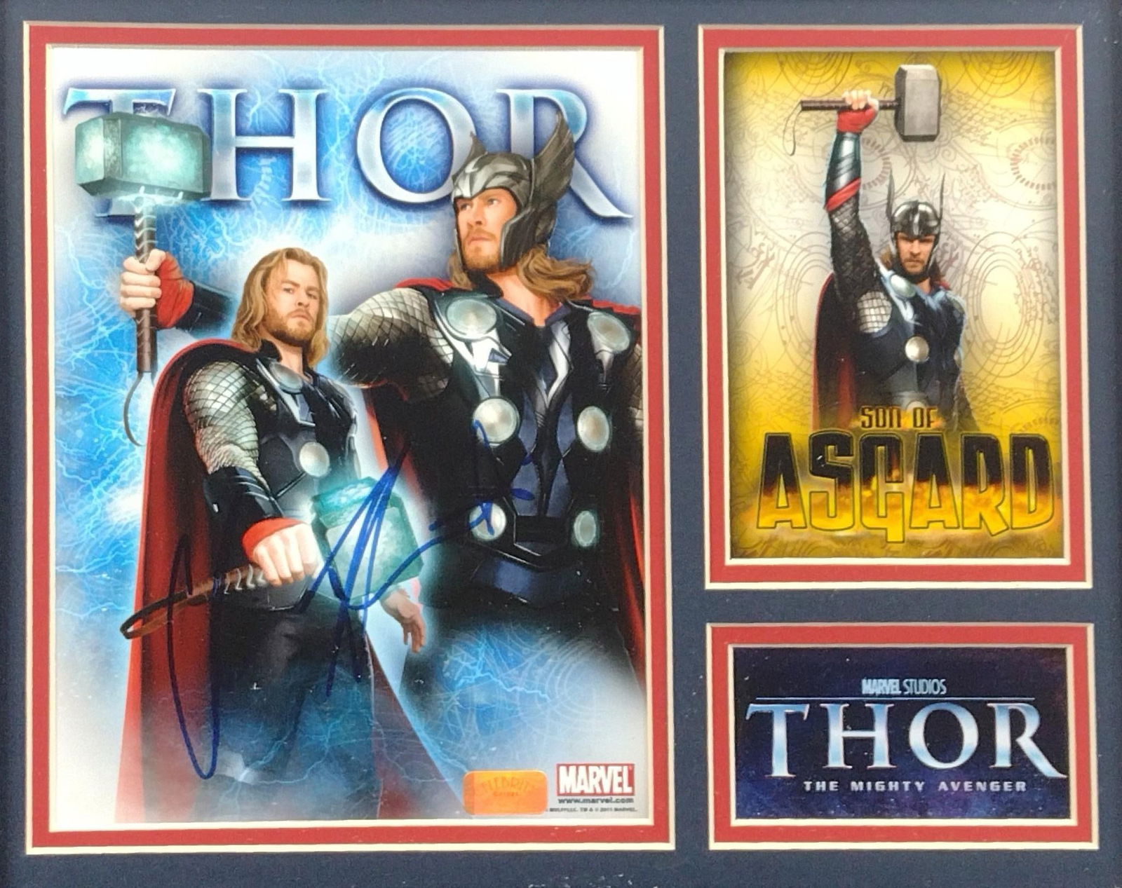 Chris Hemsworth Autographed Thor Movie Collage: NOT ELIGIBLE FOR IN-HOUSE SHIPPING. Certificate of authenticity included. Sight 10-1/2" high X 13-1/2" wide. Overall with frame 14" high X 17" wide. MG.