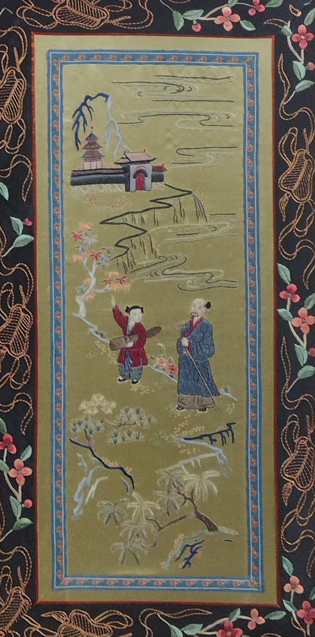 Asian Embroidery on Silk: NOT ELIGIBLE FOR IN-HOUSE SHIPPING. Sight 29" high X 16-1/2" wide. Overall with frame 30" high X 17-1/2" wide. MG.