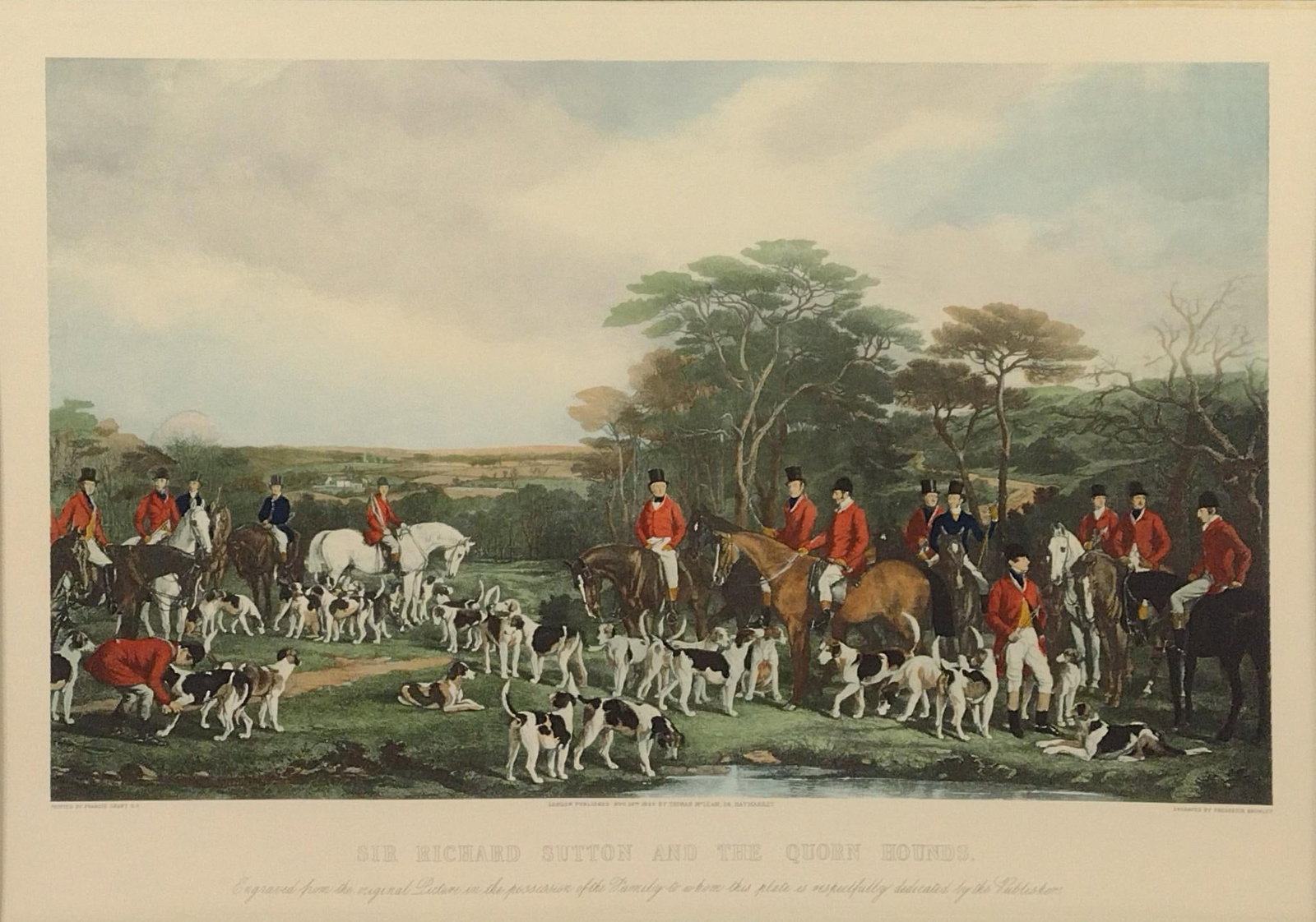 Sir Richard Sutton And The Quorn Hounds Print: NOT ELIGIBLE FOR IN-HOUSE SHIPPING. Sight 18-1/2" high X 26" wide. Overall with frame 32-1/2" high X 38" wide. MG.