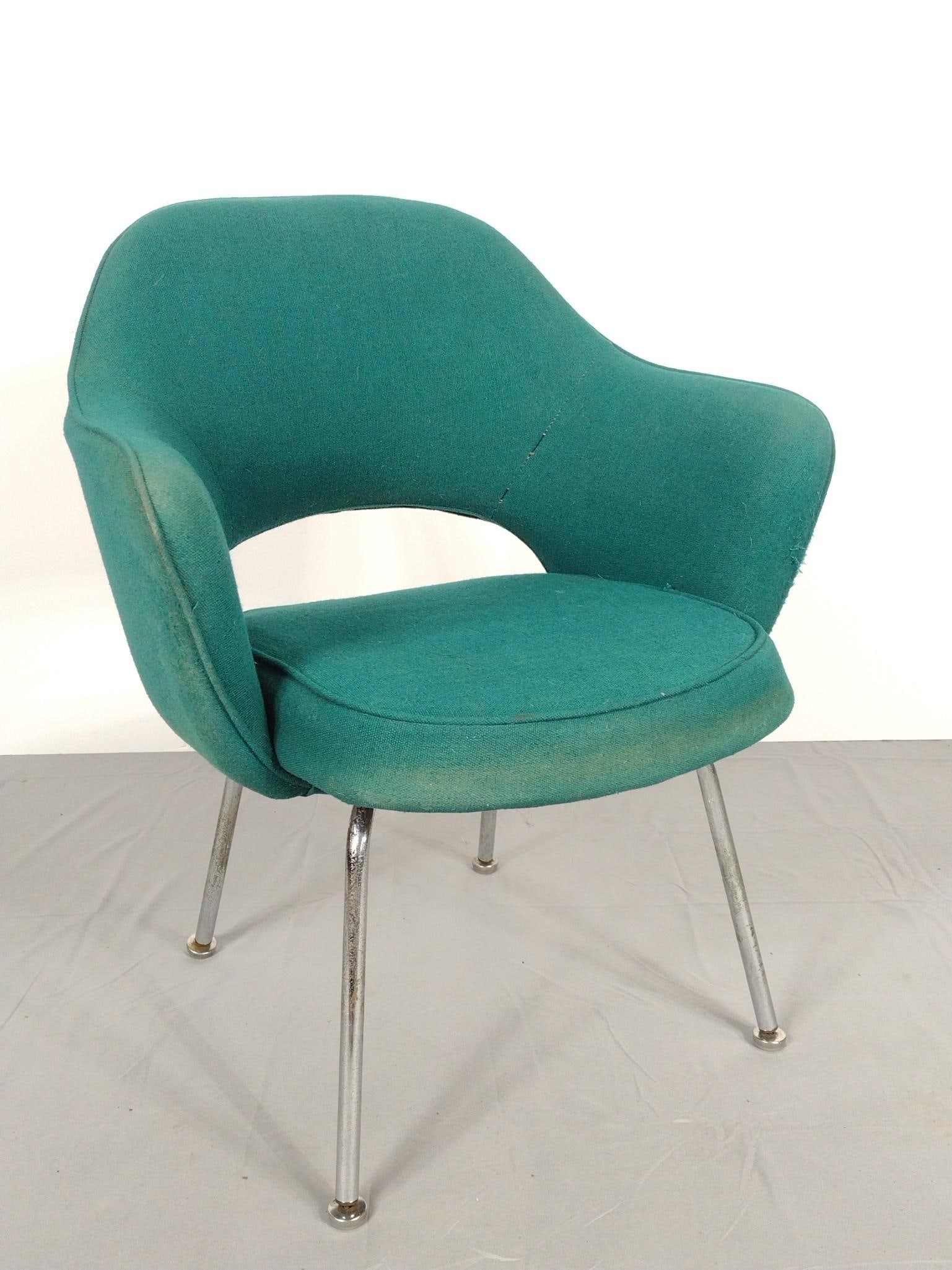 IBM For Knoll Chair: NOT ELIGIBLE FOR IN-HOUSE SHIPPING. 27" wide X 19-1/2" deep X 31-1/2" high. Upholstery has some areas of discoloring and losses (worn through). Chrome legs have rust. MG.