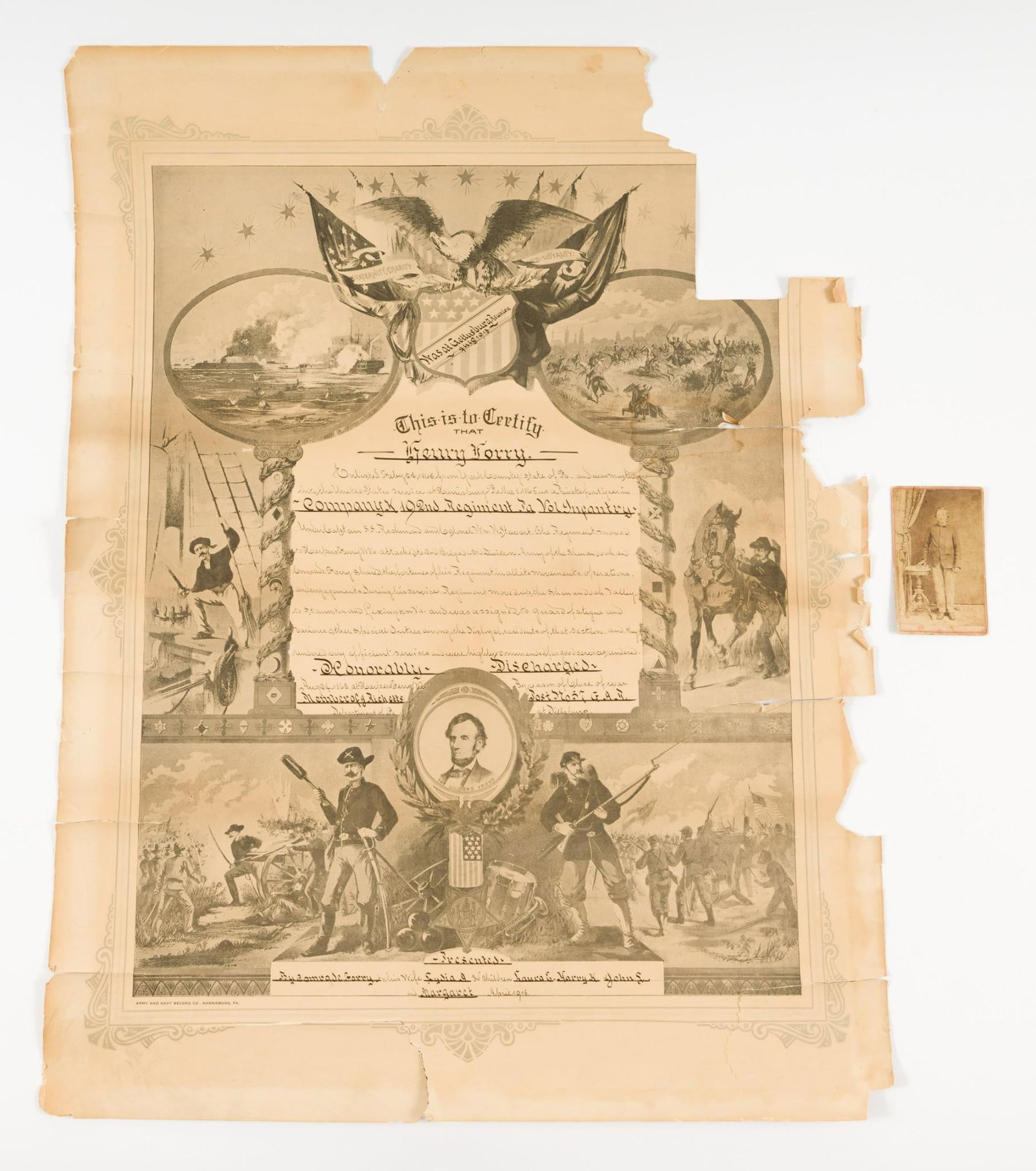 Civil War Remembrance Discharge Paper w/ Carte de Visite Photo (1 of 7)