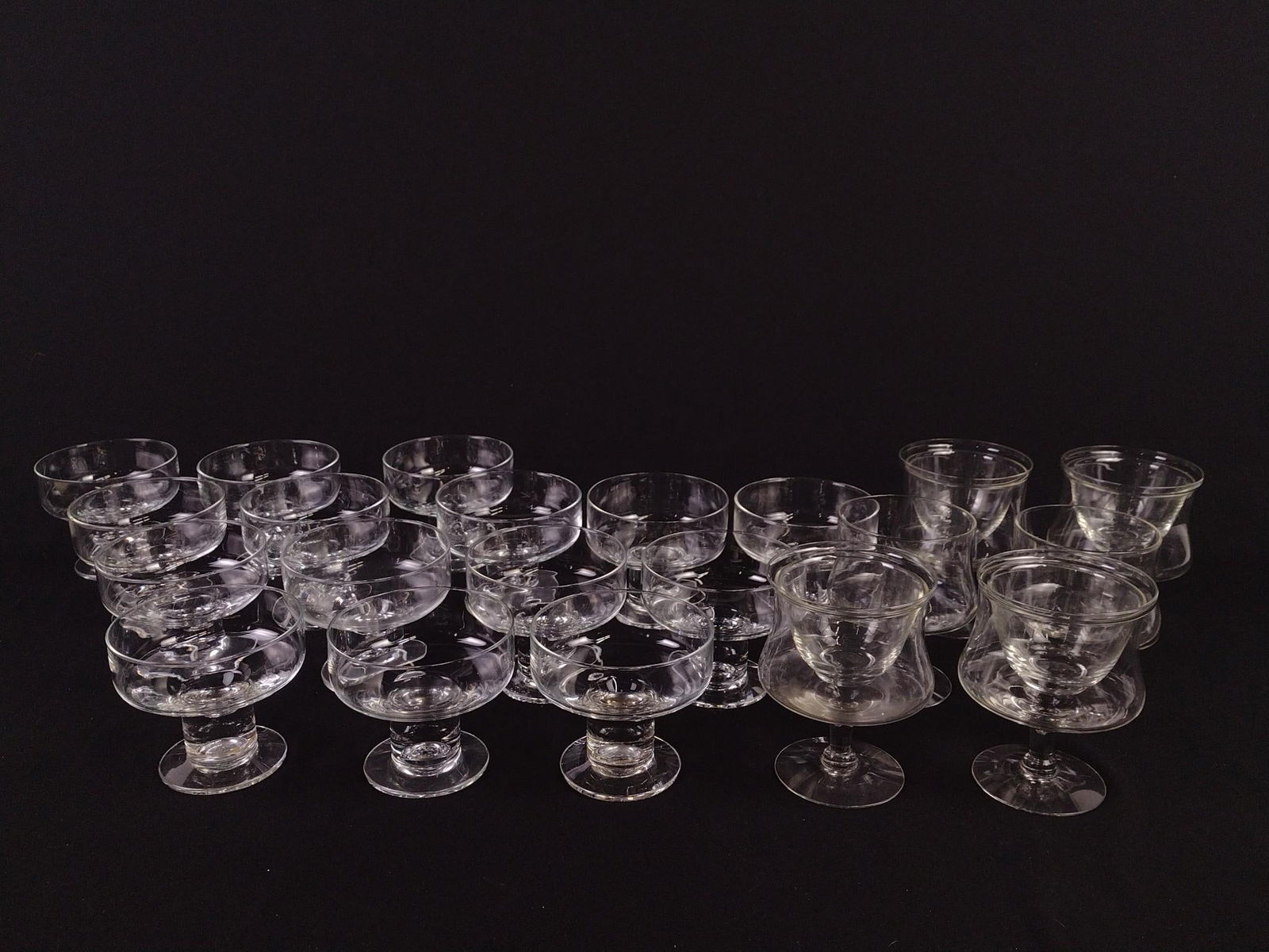 21 Pcs Stemware: NOT ELIGIBLE FOR IN-HOUSE SHIPPING. All unsigned. 4" to 4-1/4" diameter x 3-3/4" to 5-1/4" high. LR