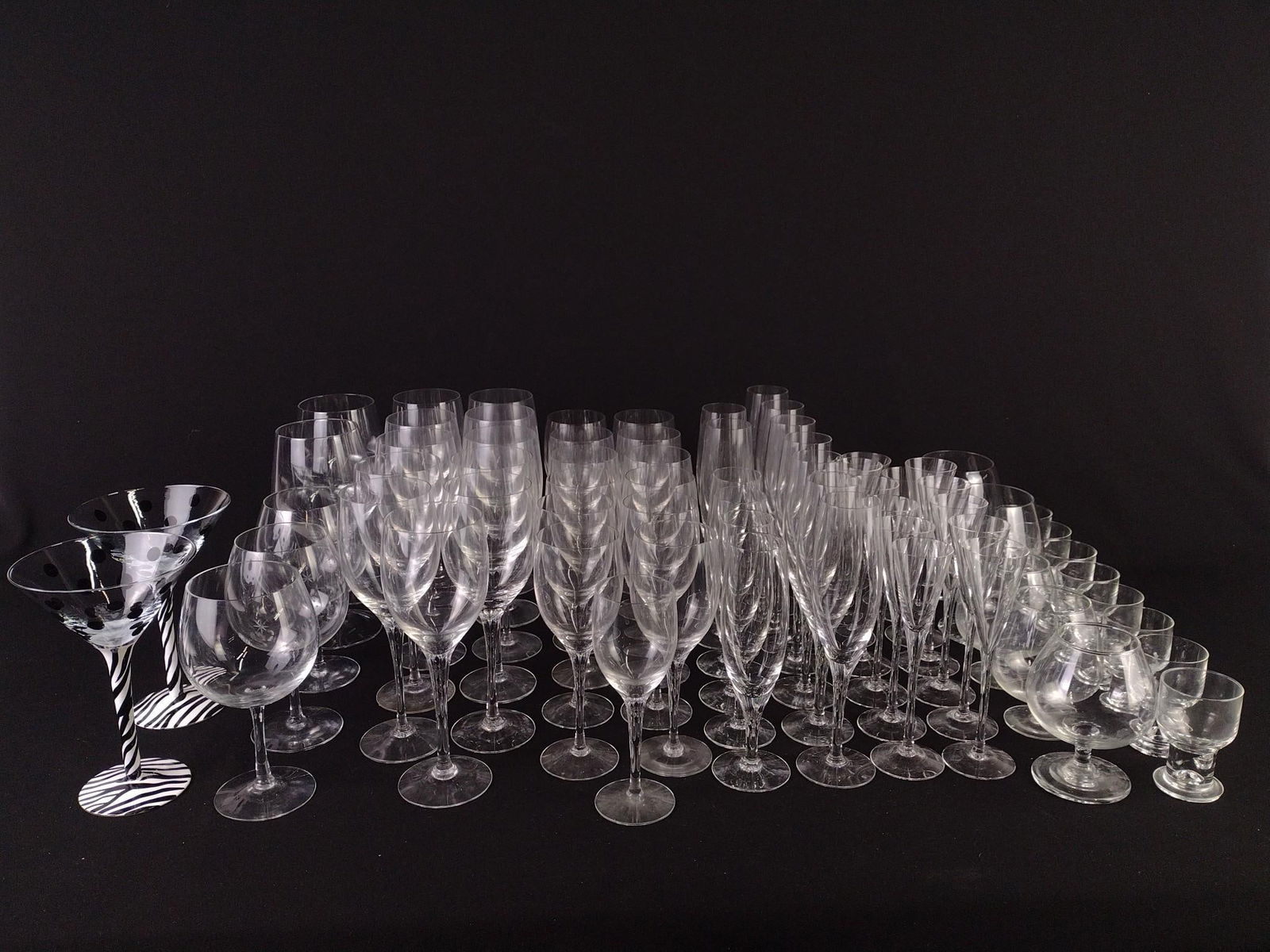 71 Pcs Stemware: NOT ELIGIBLE FOR IN-HOUSE SHIPPING. All unmarked. 3-1/4" to 8-1/2" high. LR