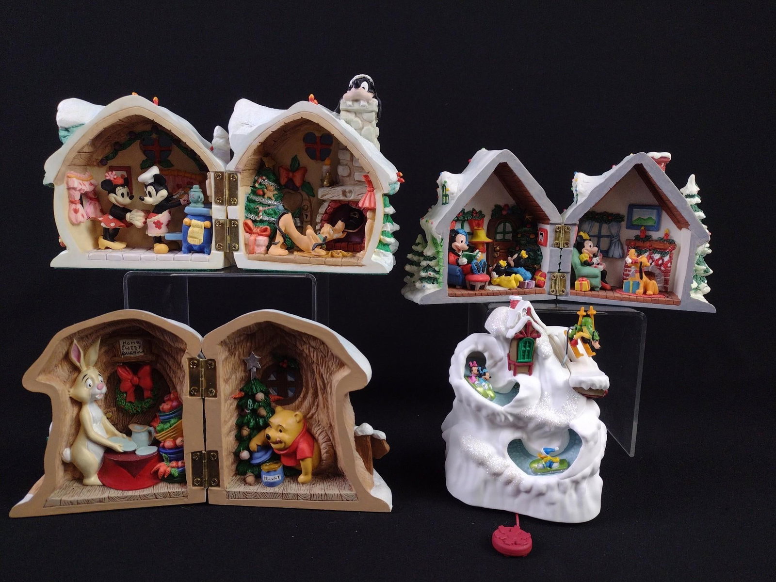 4 Winter Disney Figurines incl Close Up Cottages: 4-1/4" to 5-1/2" high.