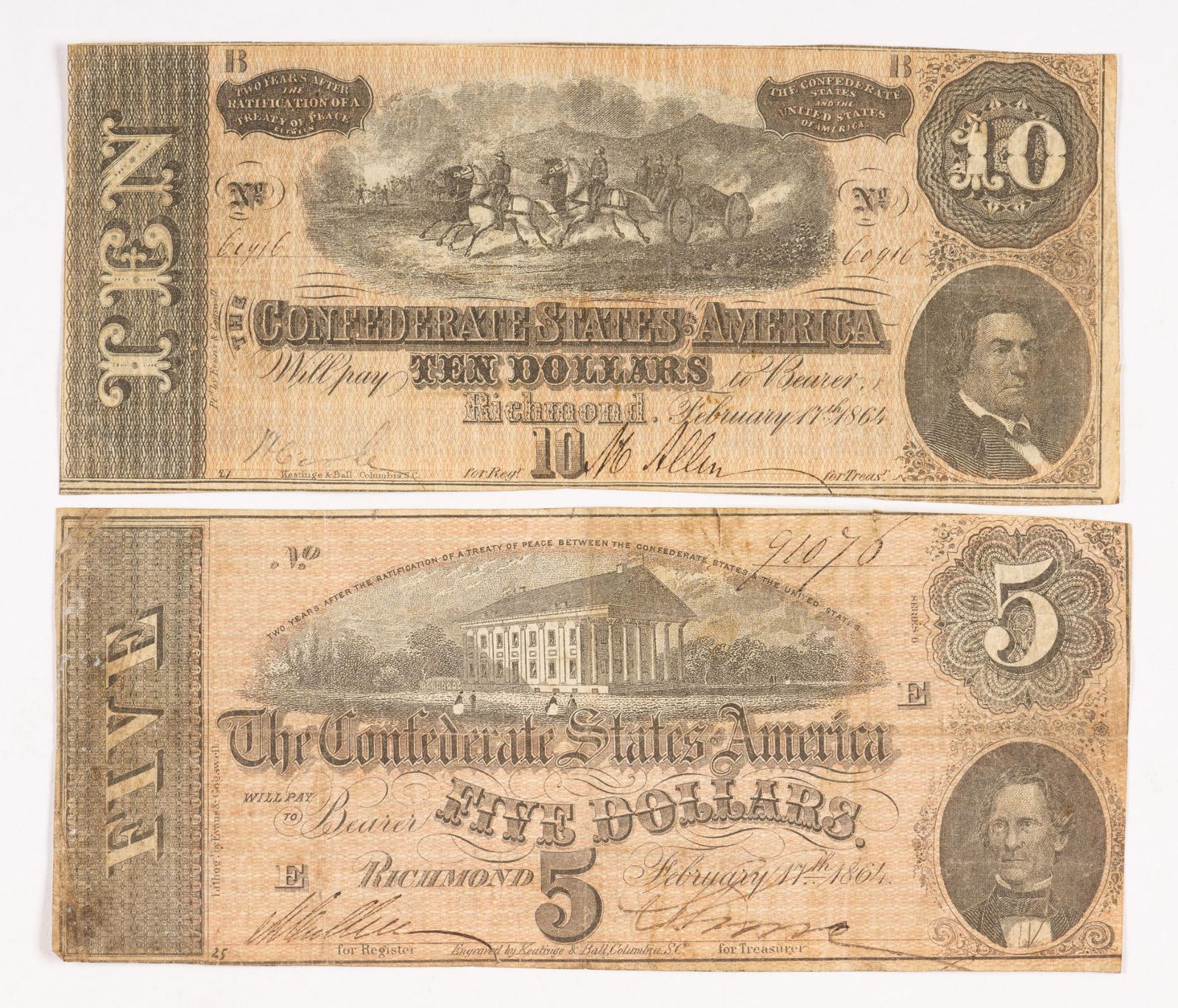 Two Confederate Paper Currency Notes $5 and $10 (1 of 2)