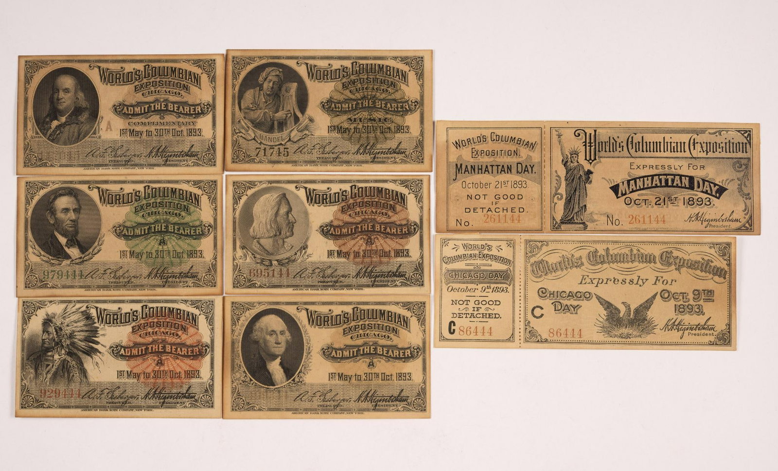 Colombian Exposition Chicago Tickets Admission: Manhattan and Chicago 7 tickets.
