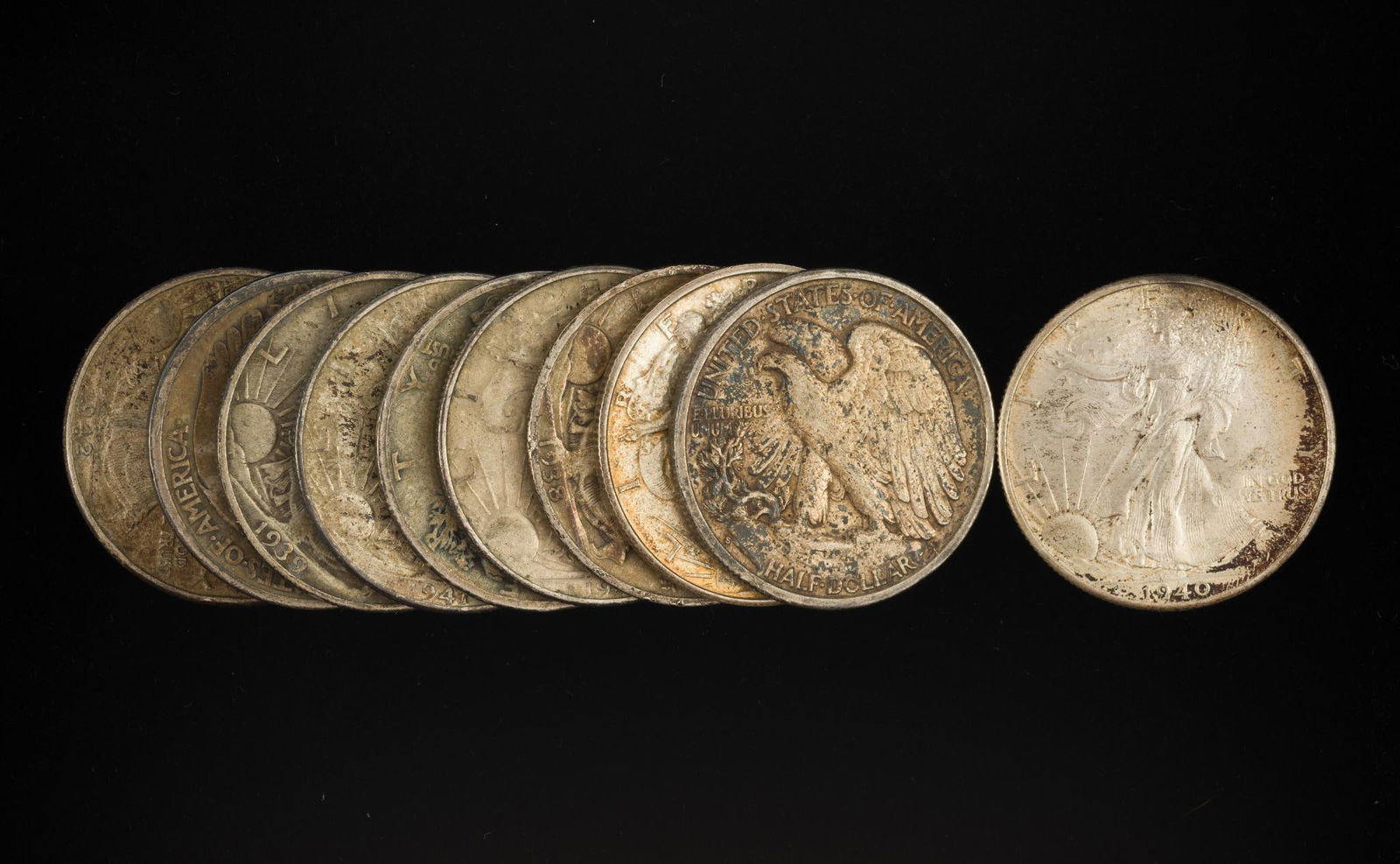 Ten Walking Liberty Silver Half Dollars Including XF Plus 1927-S (1 of 5)