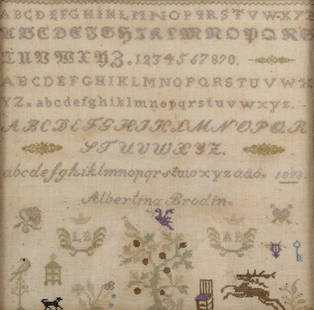 1873 Albertina Brodin Needlepoint Sampler: NOT ELIGIBLE FOR IN-HOUSE SHIPPING. Sight 12-3/4" high X 12-3/4" wide. Overall with frame 14" high X 14" wide.