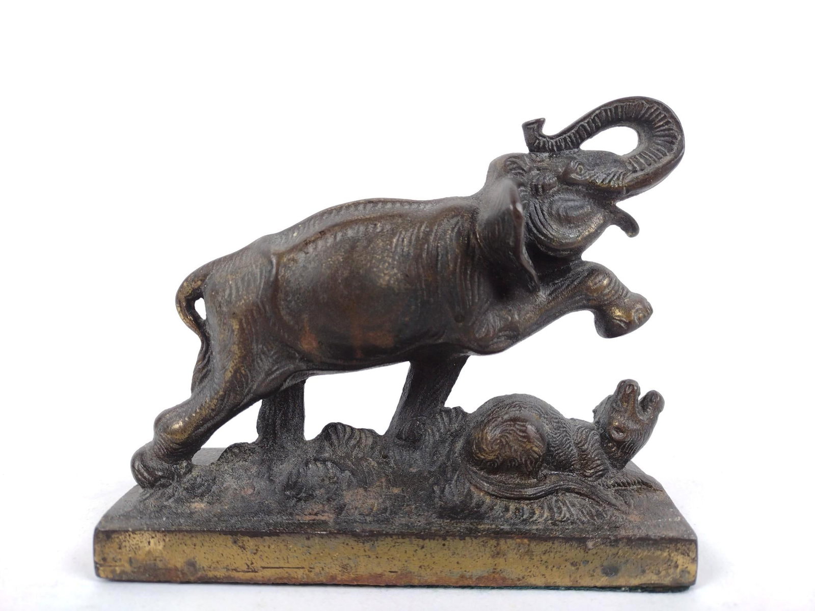Cast Metal Elephant and Tiger Sculpture: 5-1/4" wide x 2" deep x 4-1/4" high.