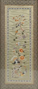 Asian Silk Floral Wall Hanging: NOT ELIGIBLE FOR IN-HOUSE SHIPPING. Sight 25" high X 11-1/4" wide. Overall with frame 27-1/4" high X 13-1/2" wide.