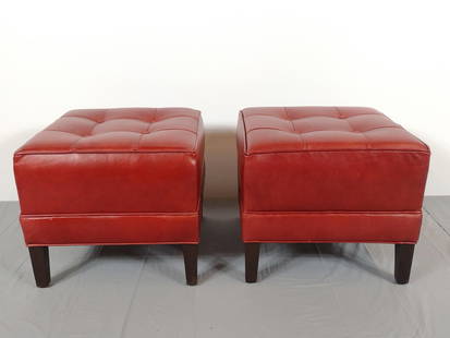 Pair Of Red Leather Ottoman: NOT ELIGIBLE FOR IN-HOUSE SHIPPING. Each 19-1/2" wide X 19-1/2" deep X 17" high. No manufactures name found.