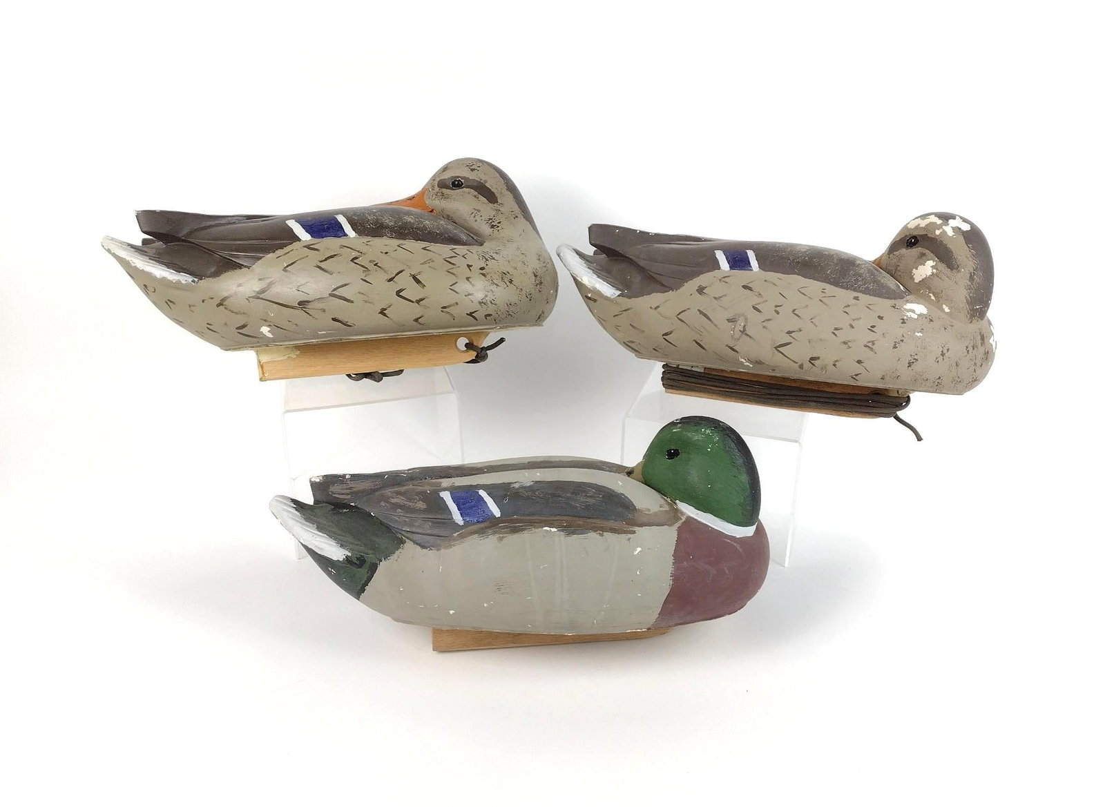 3 Vintage Duck Decoys: All foam body with wood weight. All unsigned. Each approx. 15" long x 7-1/2" deep x 8" high.