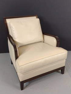 Ethan Allen Leather Arm Chair: NOT ELIGIBLE FOR IN-HOUSE SHIPPING. 30" wide X 33" deep X 33" high. Has a few light scratches to wood frame.