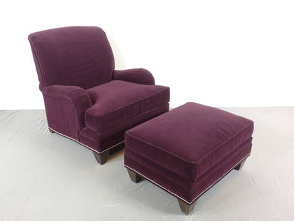 Ethan Allen Purple Arm Chair & Ottoman: NOT ELIGIBLE FOR IN-HOUSE SHIPPING. Chair 34-1/2" wide X 37" deep X 36-1/2" high. Ottoman 30" wide X 22-1/2" deep X 18" high.